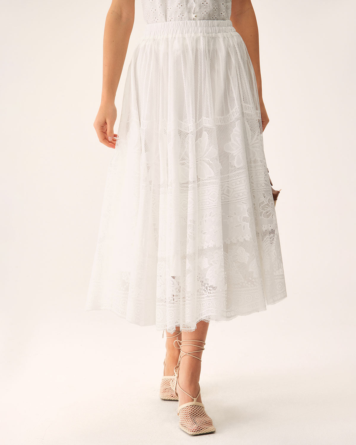 White Lace Elastic Waist Midi Skirt Discount View