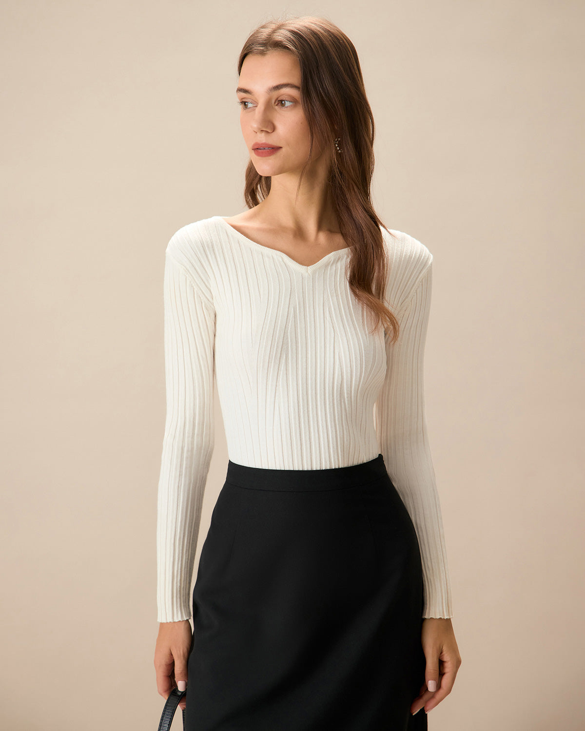 The White V Neck Teardrop Ribbed Knit Top Discount Sale Online