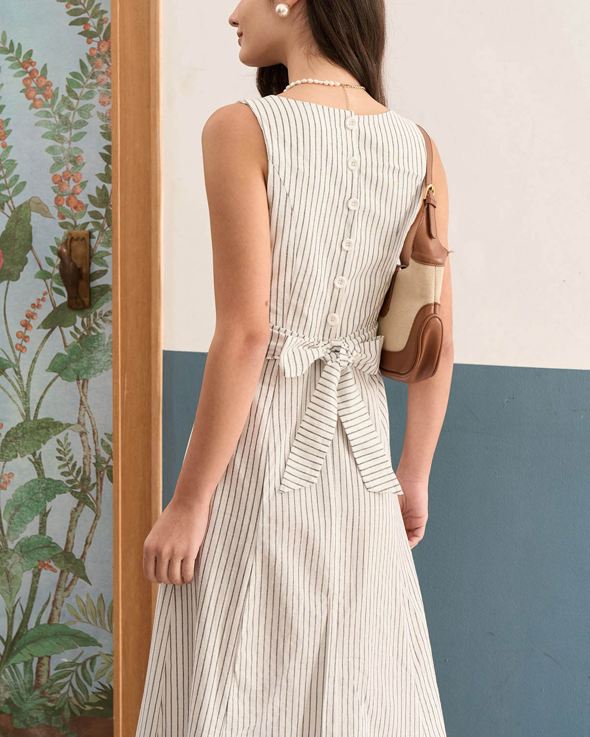 The White Square Neck Striped Midi Dress Discounts Sale Online