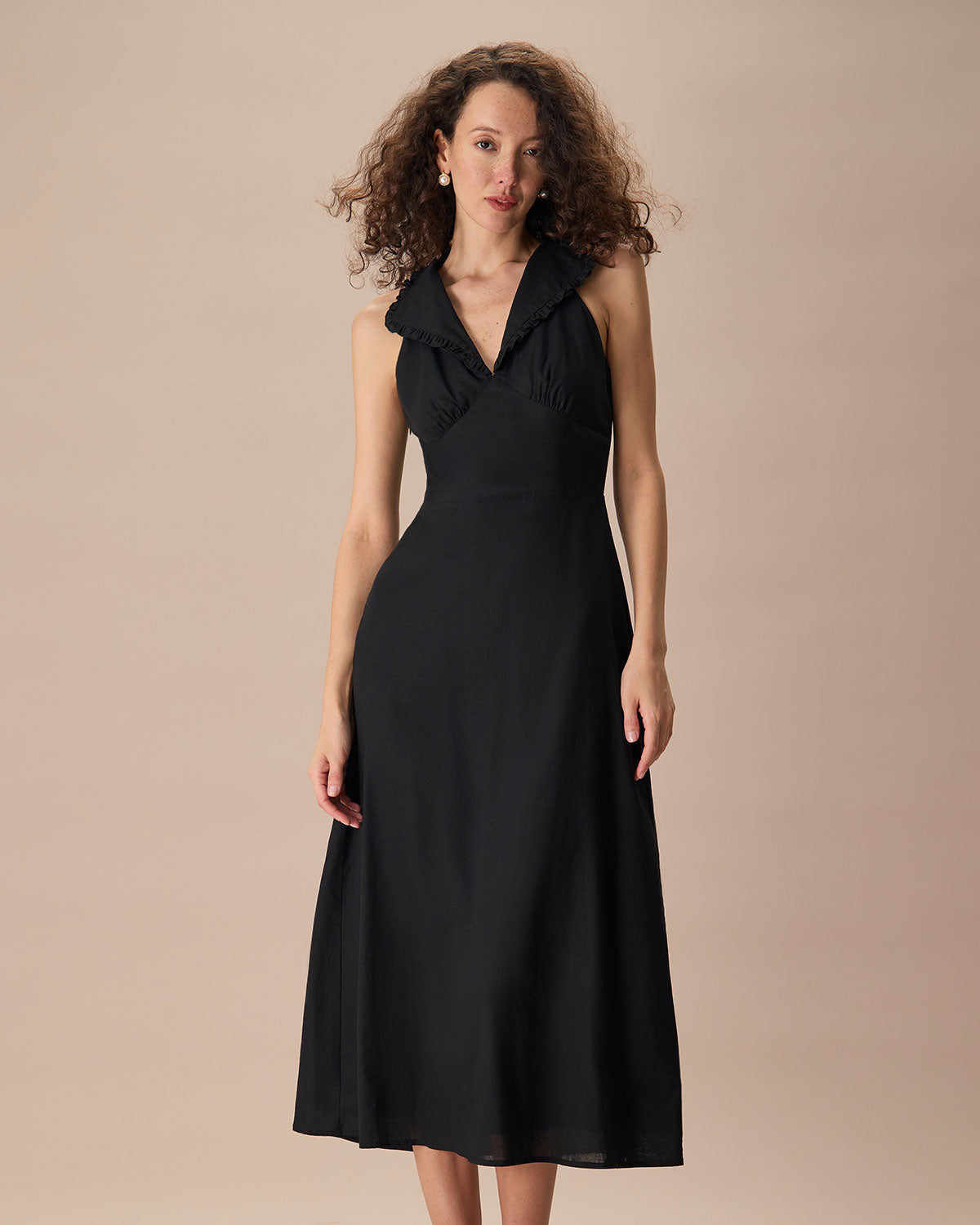 The Black Collared Frill Trim Linen Maxi Dress Cheap 2025 Newest