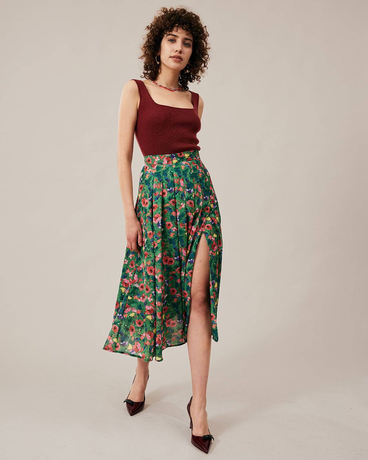 The Green Pleated Floral Skirt 2025 Cheap Online