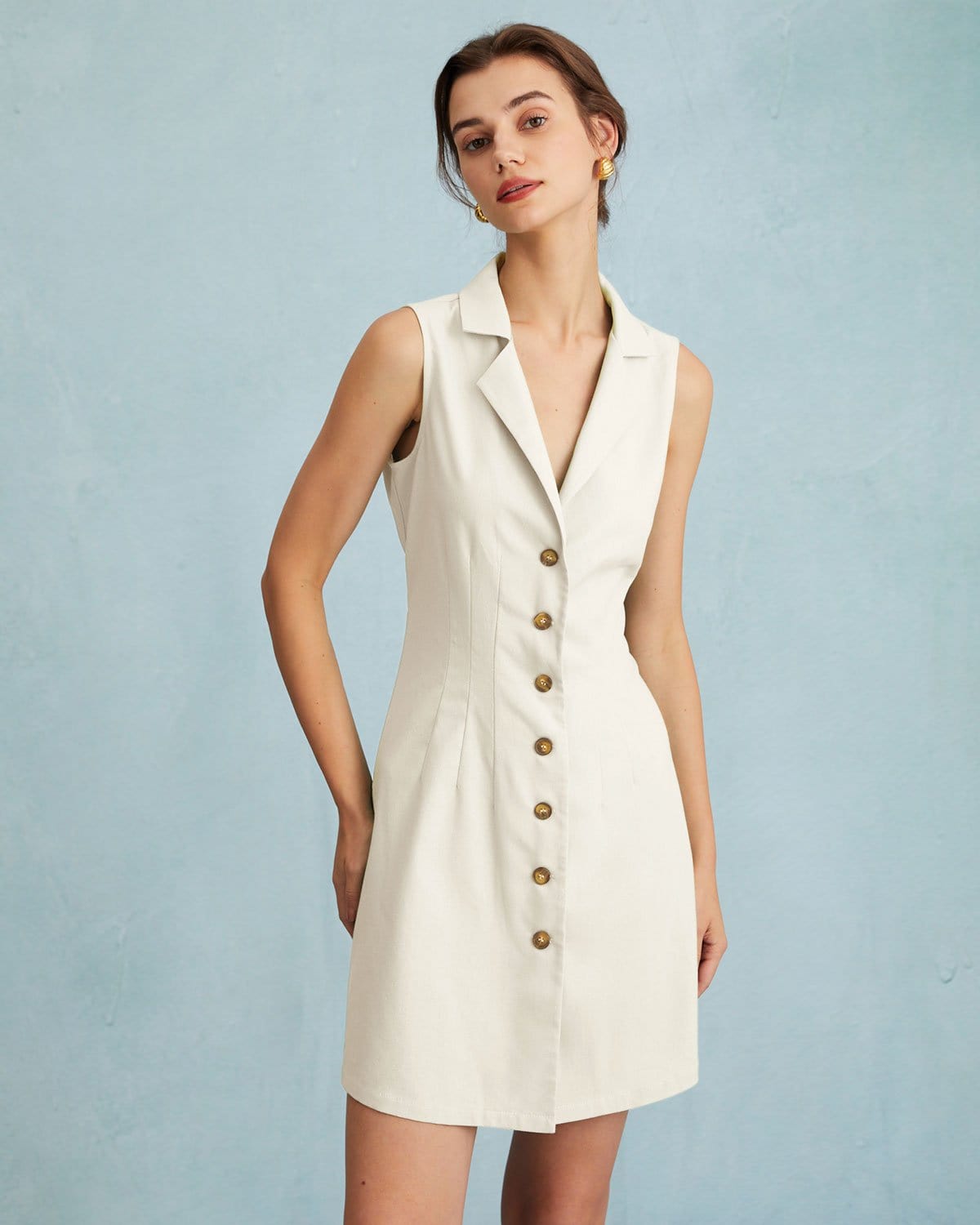 The Beige Lapel Button-up Sleeveless Mini Dress Discount Classic