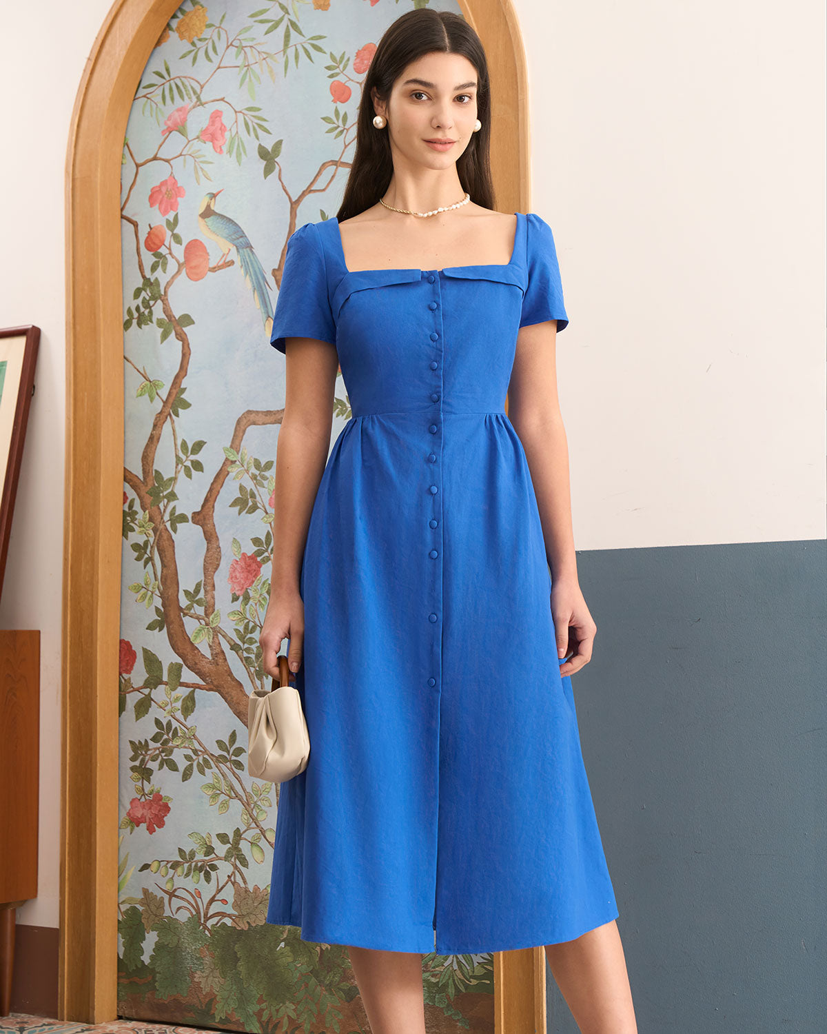 The Blue Sweetheart Neck Button Midi Dress Get To Buy