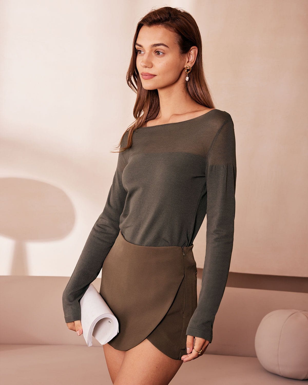 The Army Green Boat Neck Sheer Knit Top Buy Cheap Low Cost