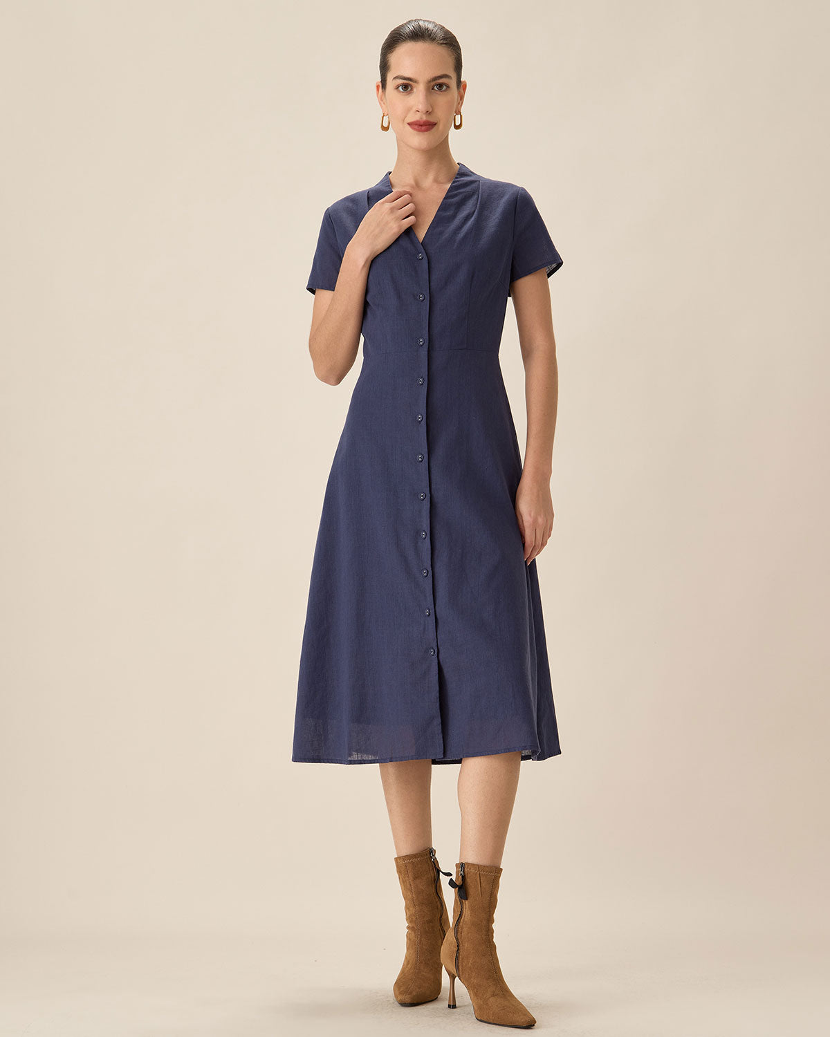 Navy Collared Button Midi Dress Affordable Cheap Online