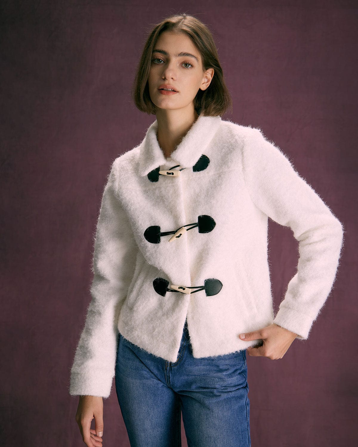 The White Horn Button Long Sleeve Jacket Sale Low Cost