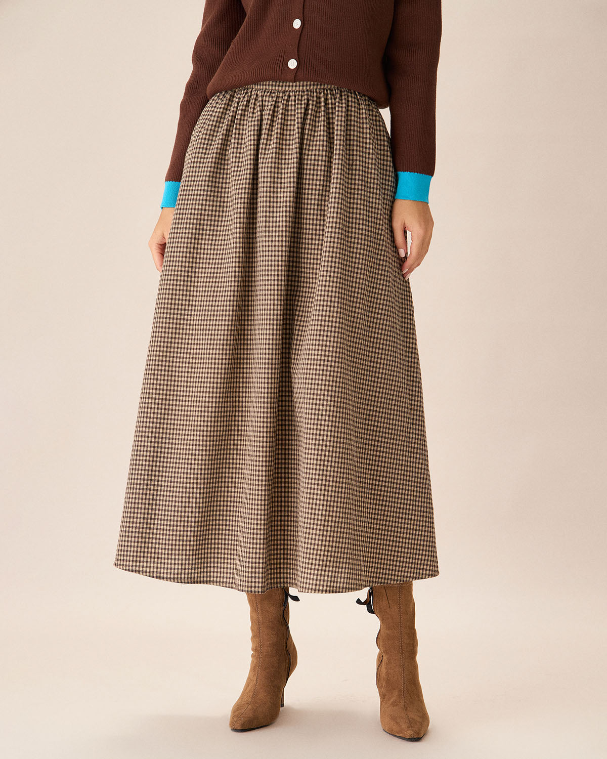 Brown Plaid High-Waisted Pocket Midi Skirt Cheap Fashion Style