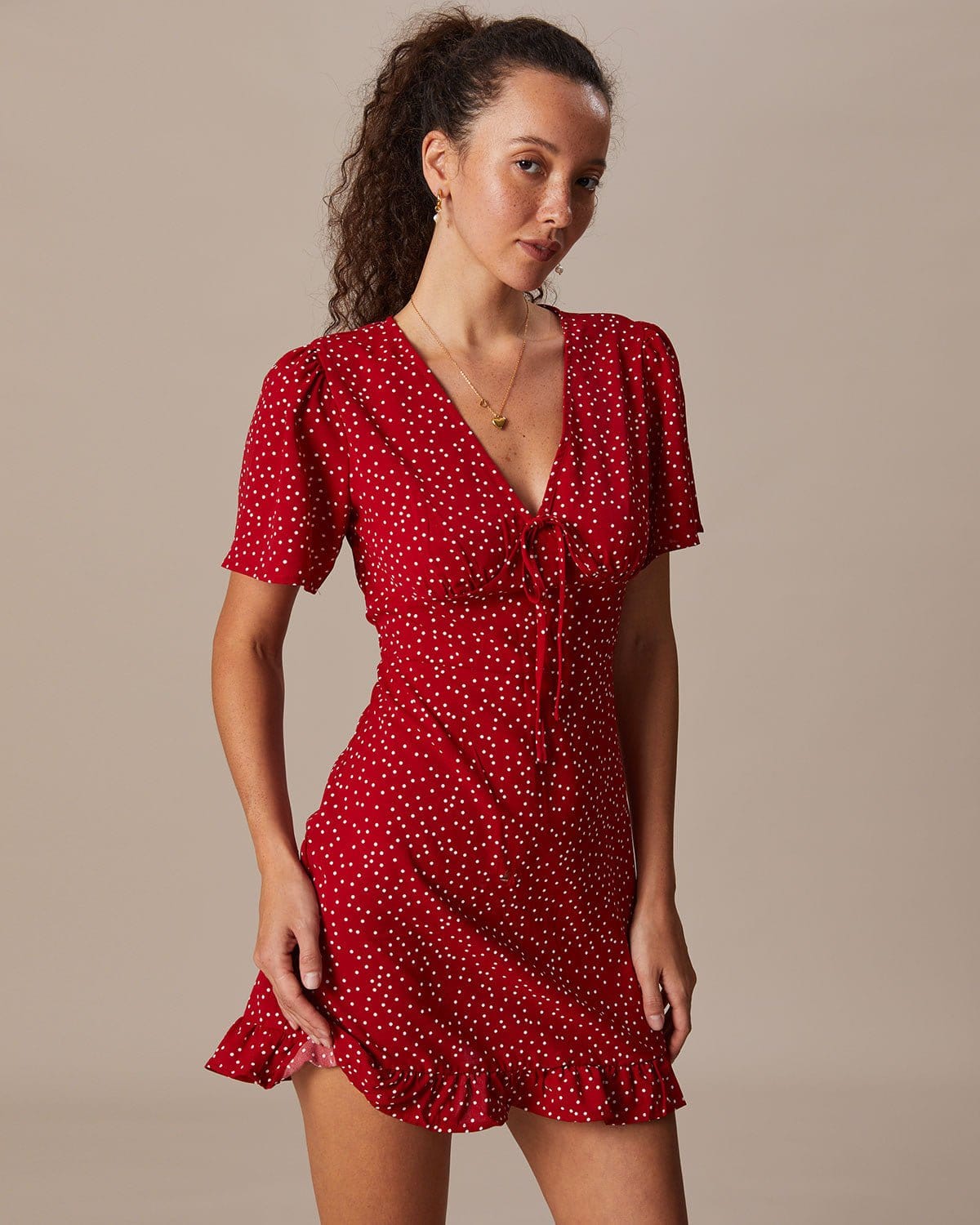 The Red V Neck Polka Dot Flounce Mini Dress With Paypal Free Shipping