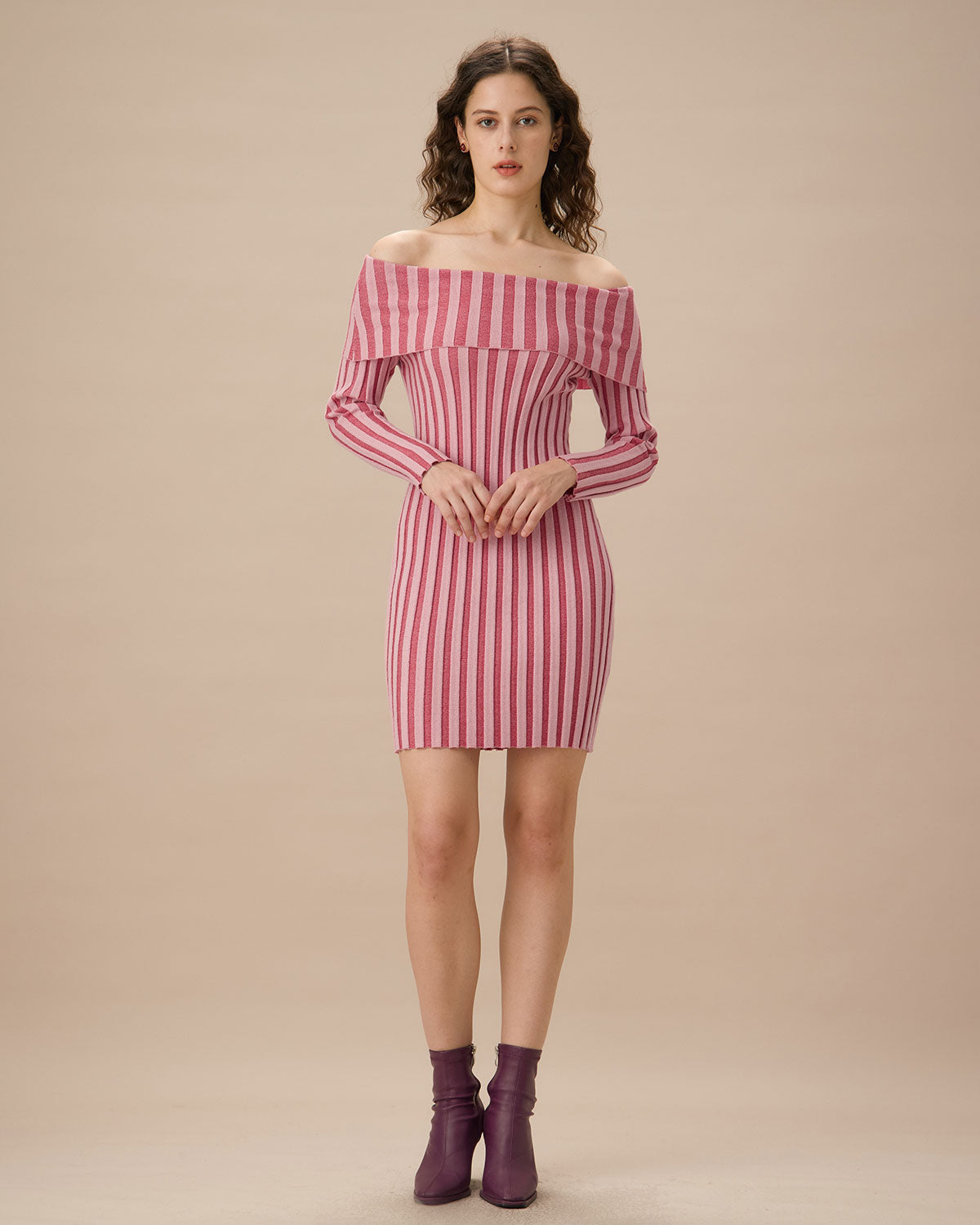 Pink Striped Off The Shoulder Bodycon Sweater Dress Sast Sale Online