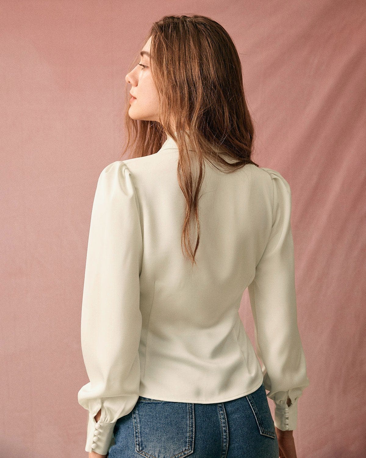 The Solid Collared Puff Sleeve Satin Blouse Fake Cheap Online