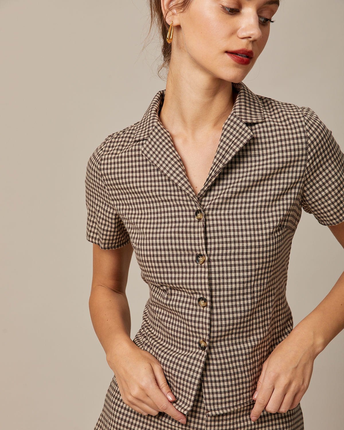 The Brown Lapel Plaid Short Sleeve Blouse Discount Free Shipping