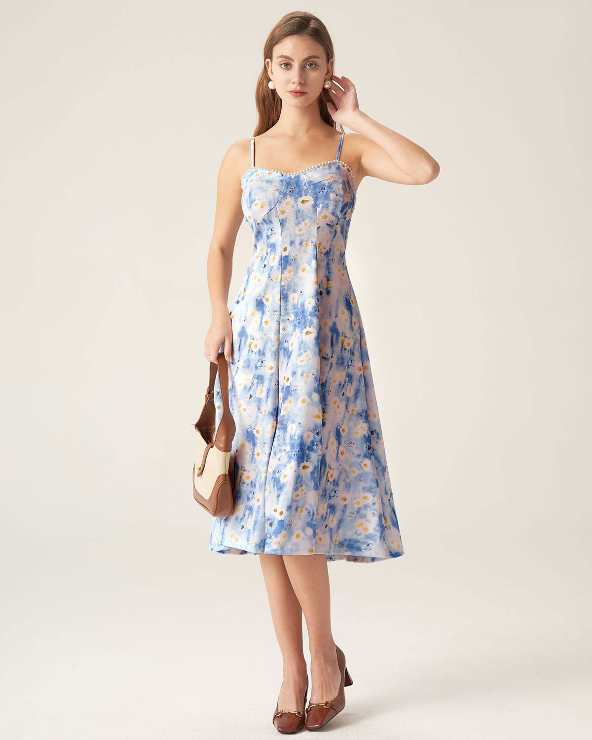 Blue Floral Sweetheart Neck Midi Dress Very Cheap Pice