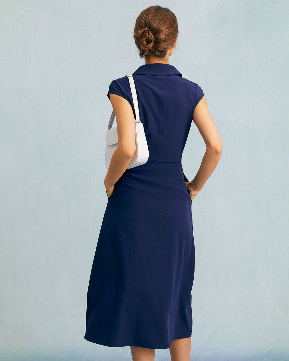 The Navy V Neck Button Cap Sleeve Midi Dress 2025 Newest Sale Online