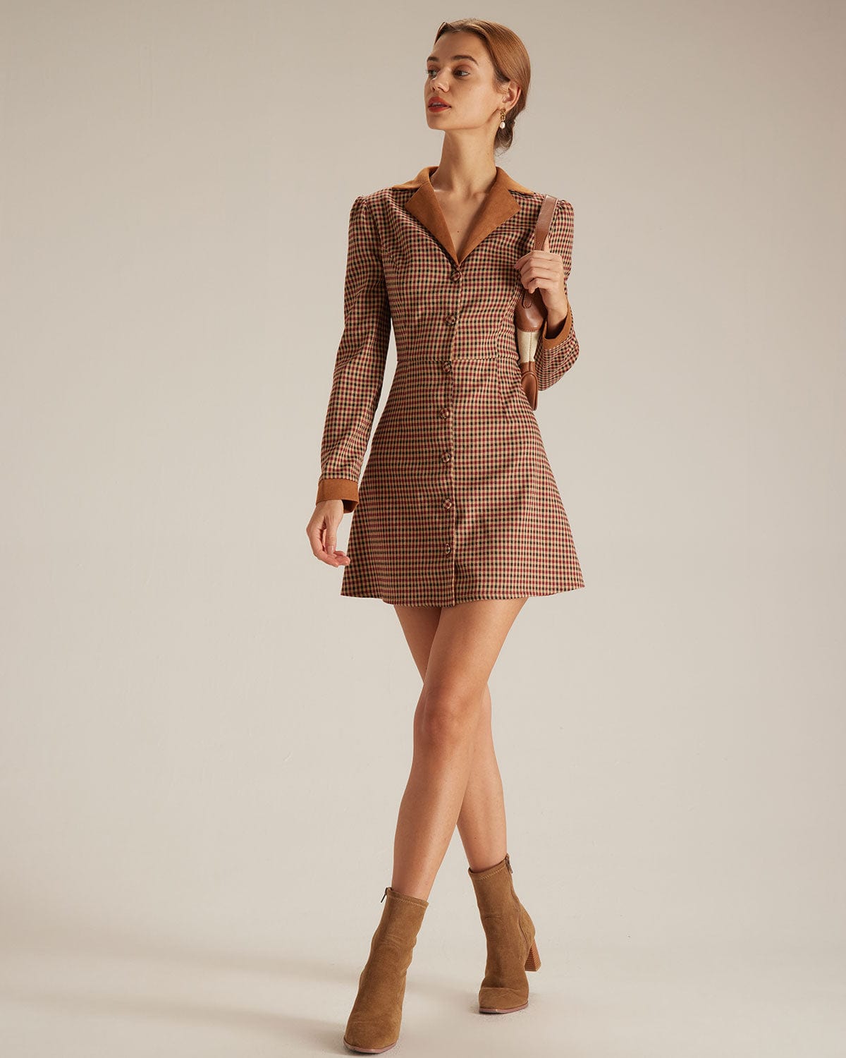 The Brown Plaid Spliced Suede Mini Dress Discount From China