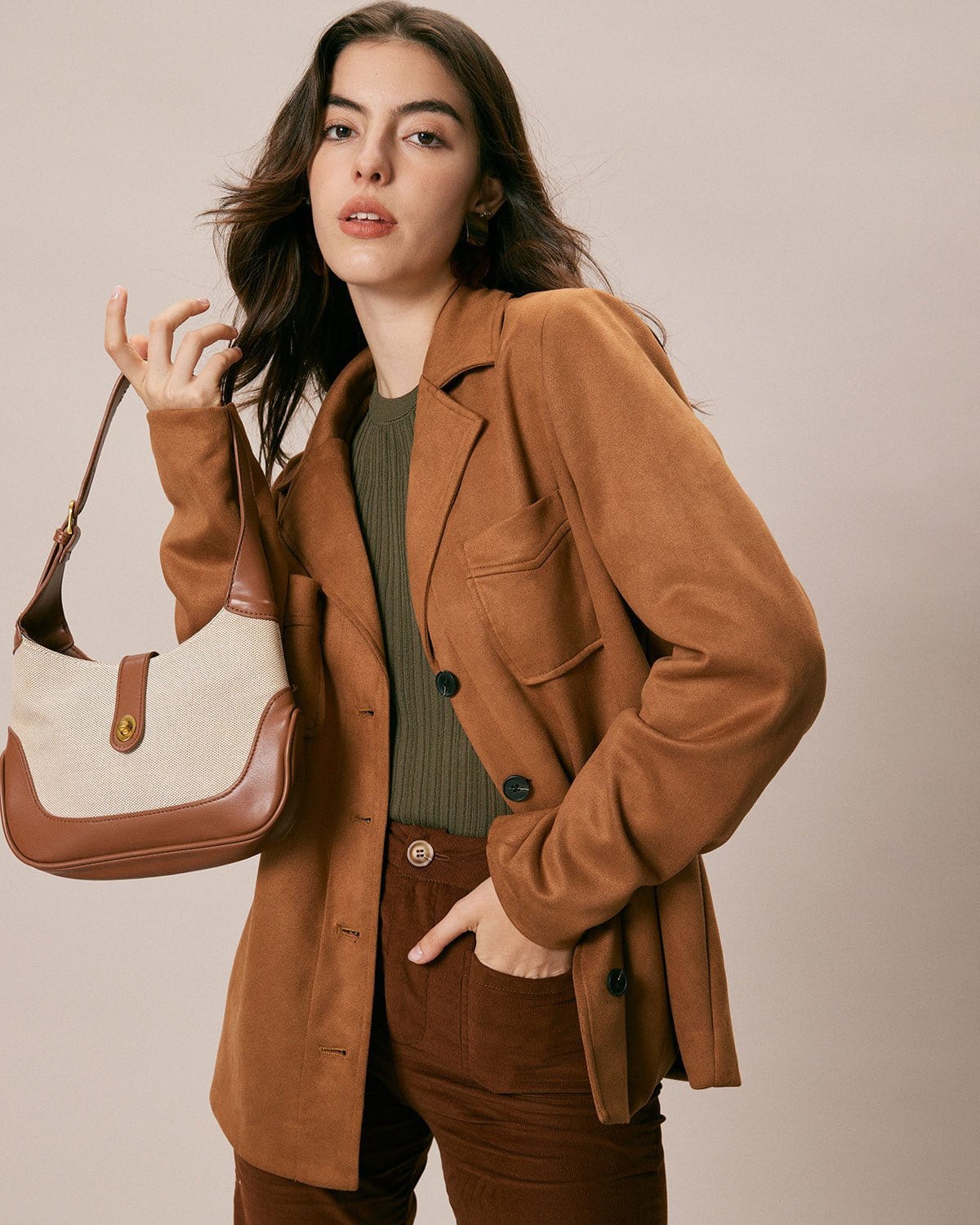 The Brown Lapel Pockets Button Suede Jacket Visit Sale Online