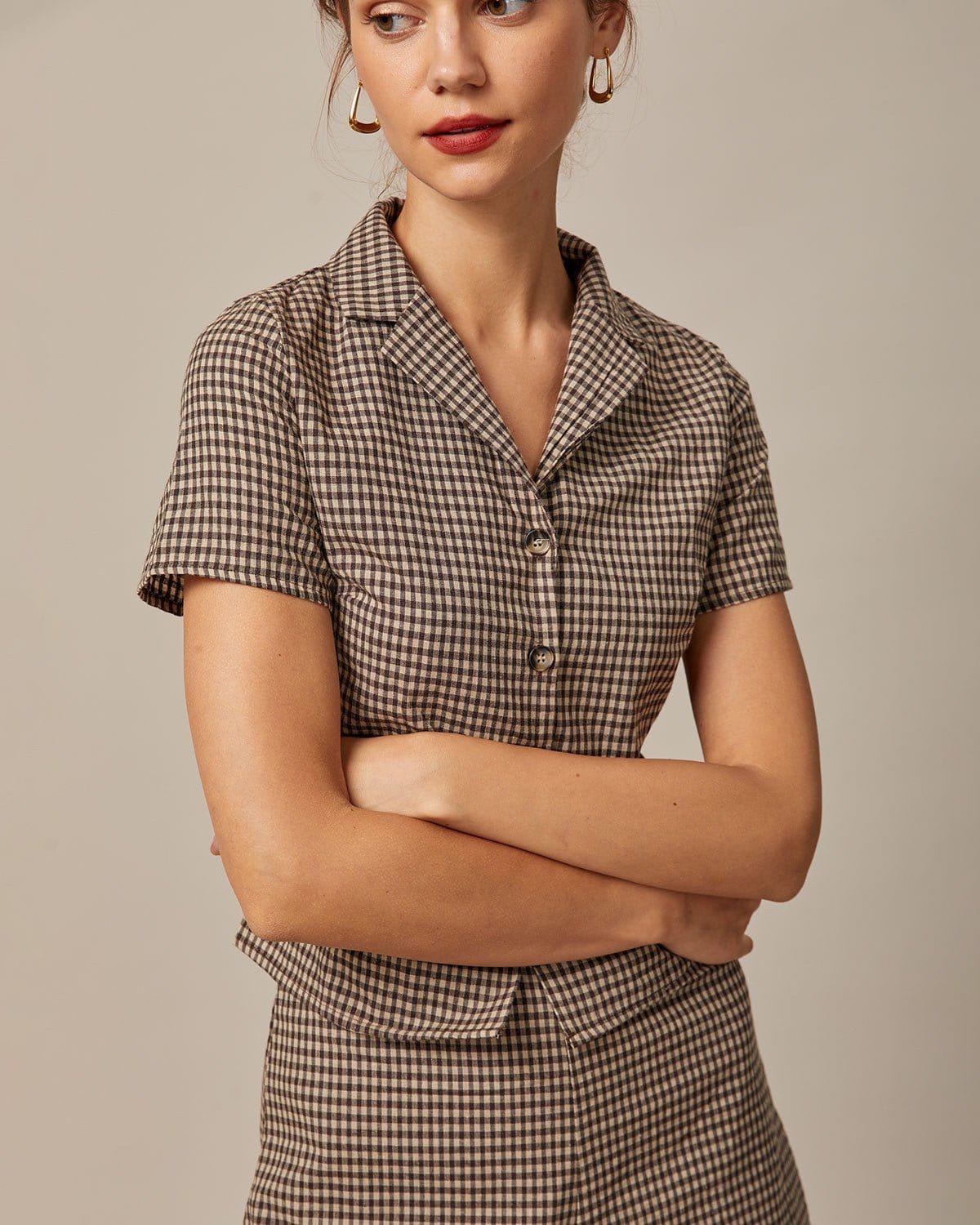 The Brown Lapel Plaid Short Sleeve Blouse Discount Free Shipping