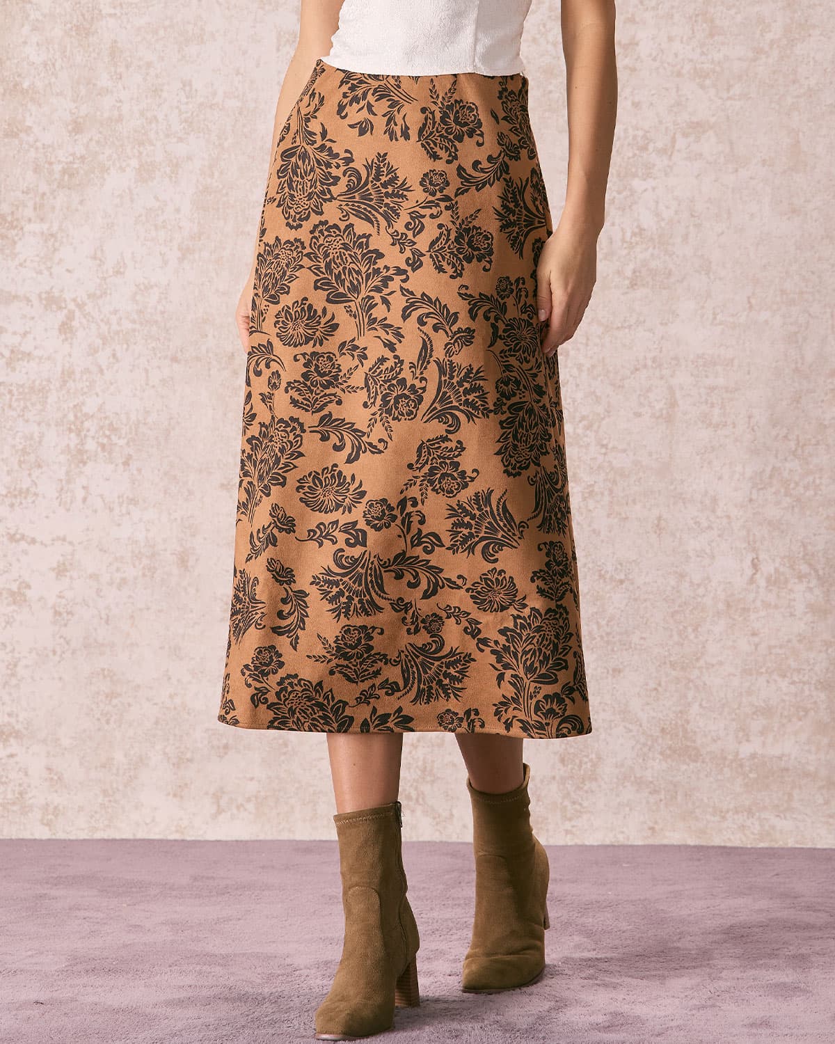 The Brown High Waist Floral Suede Midi Skirt 2025 New