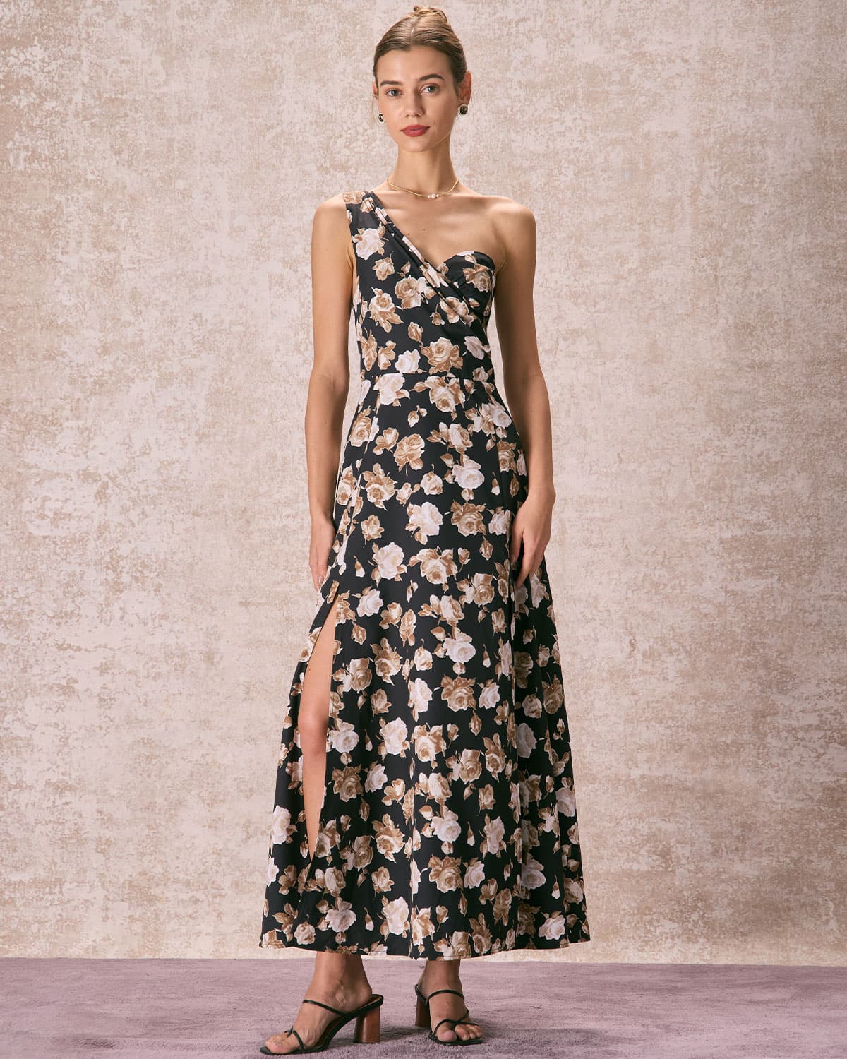 The Black One Shoulder Floral Maxi Dress Free Shipping 2025 Unisex