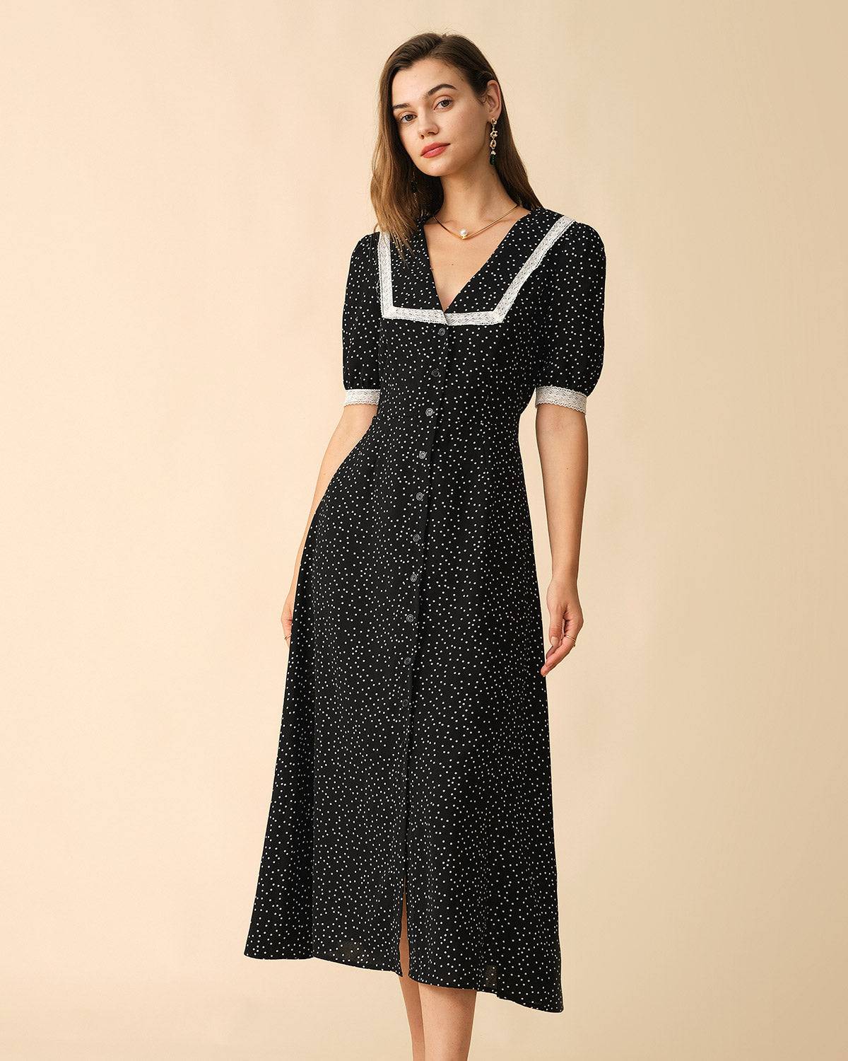 The Polka Dot Lace Trim Midi Dress Free Shipping Exclusive