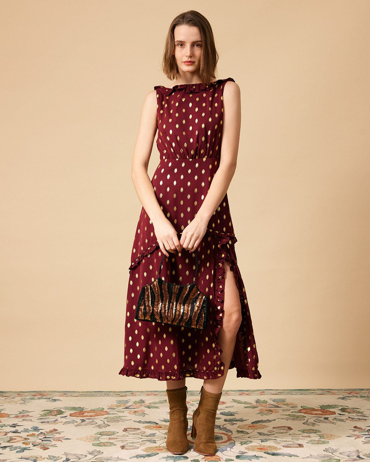 The Polka Dot Sleeveless Slit Midi Dress New For Sale