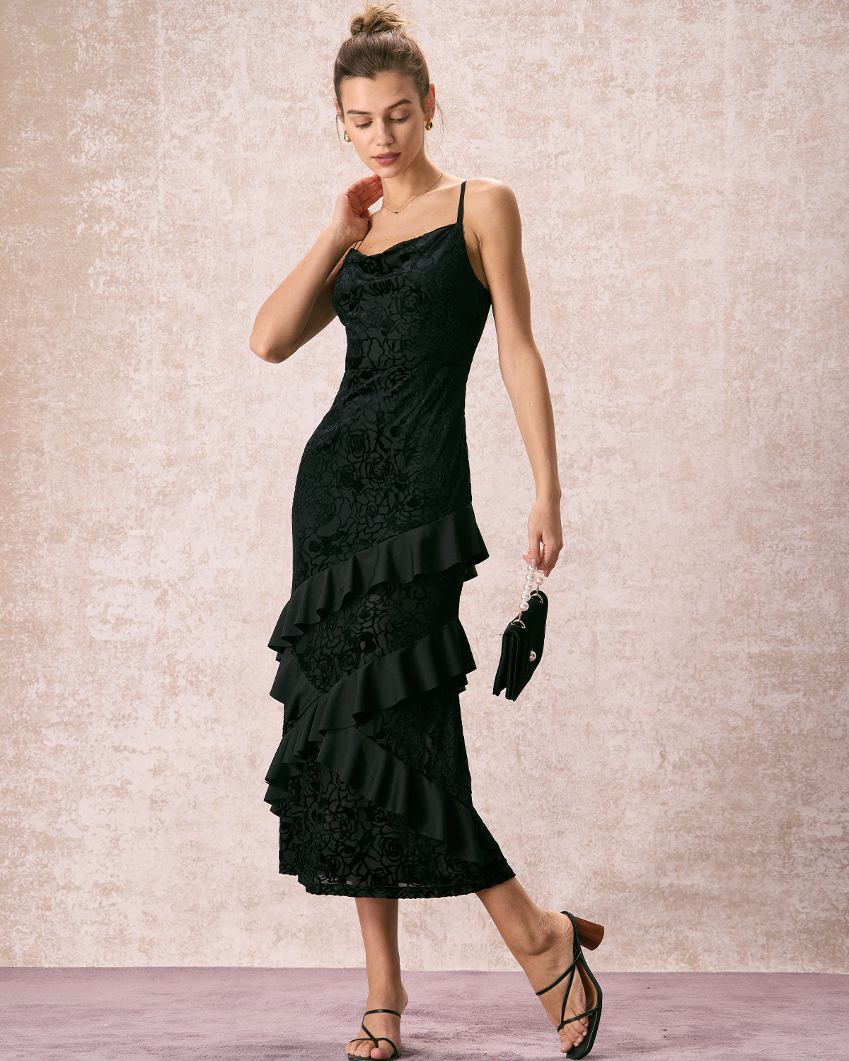 The Black V-Neck Ruffle Tiered Maxi Dress 2025 Cheap Pice