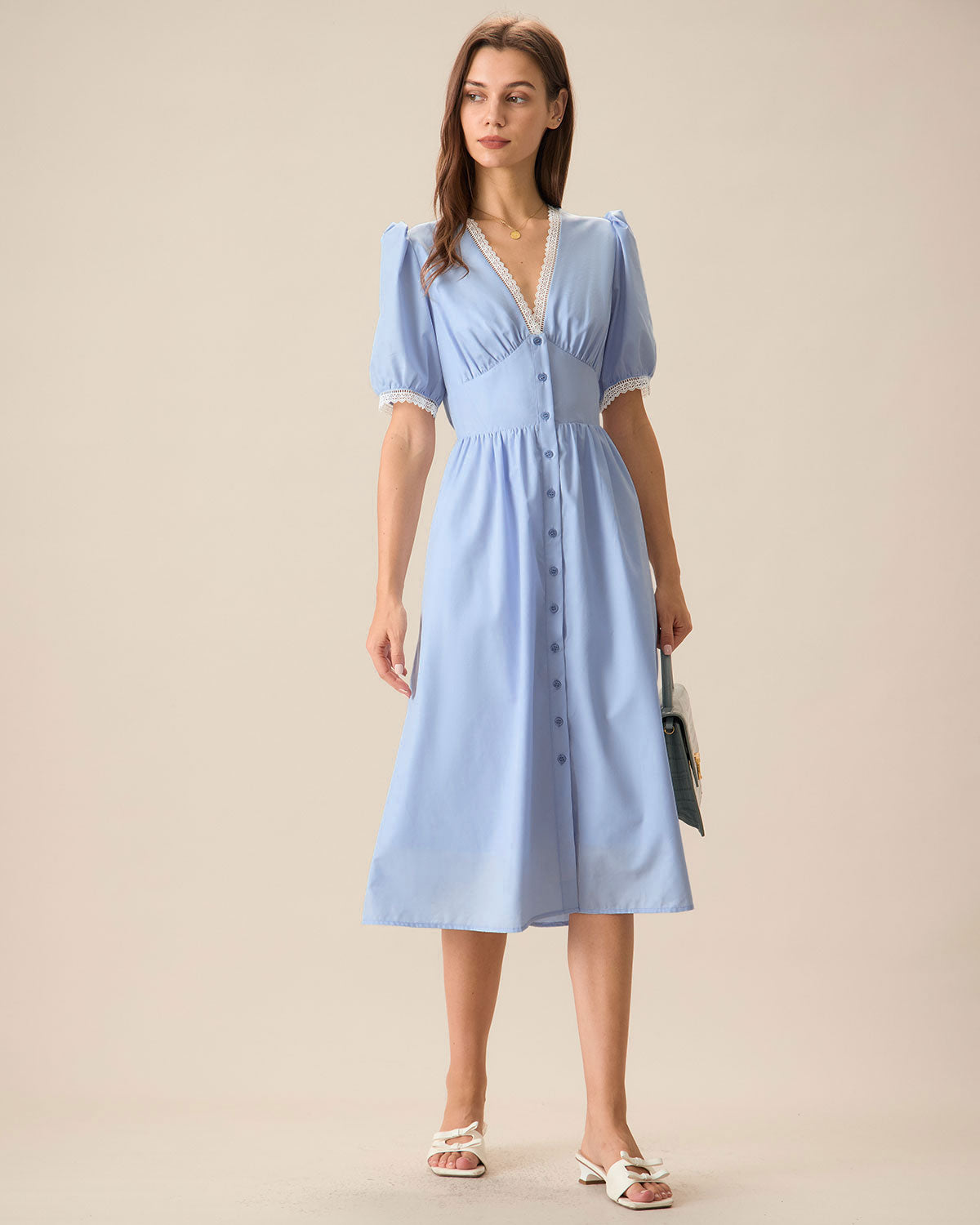 Women's Blue V-Neck Puffed Sleeve Midi Dress