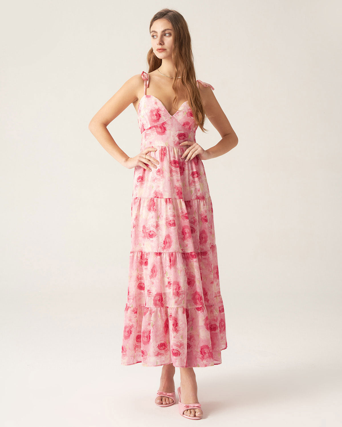 Pink Floral Tie Strap Midi Dress Sale How Much