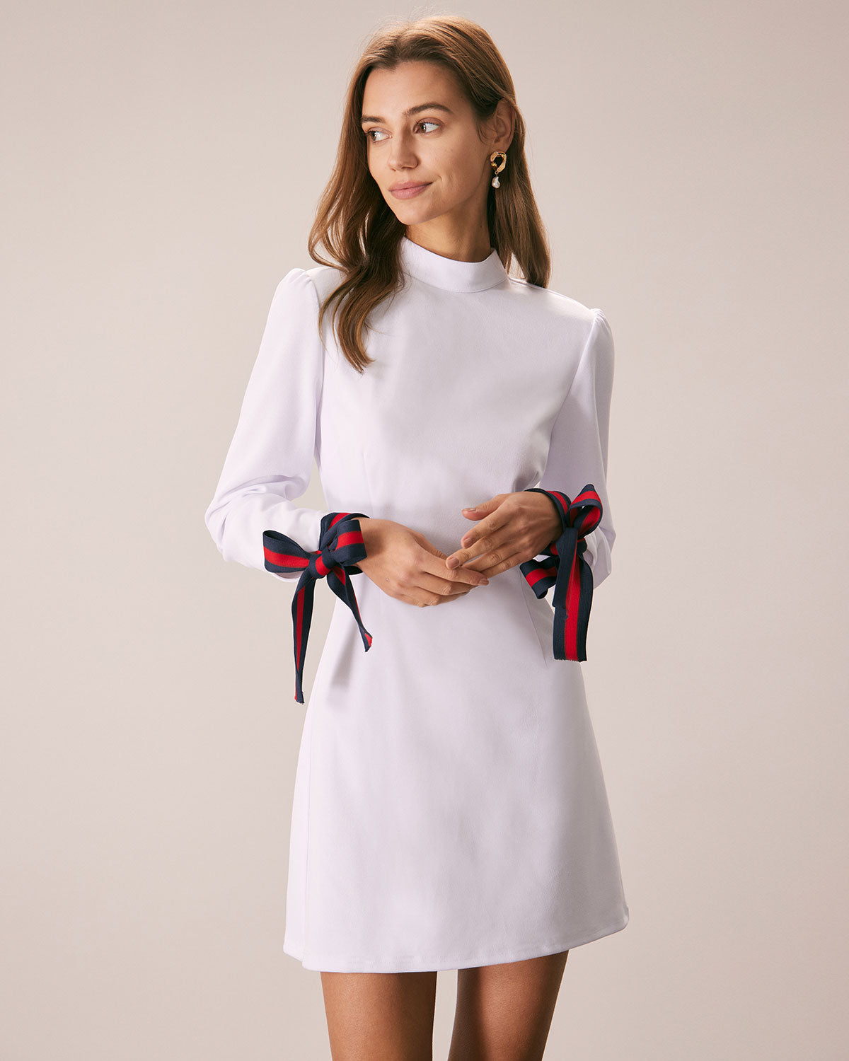 The White Mock Neck Bowknot Cuff Mini Dress Cheap Fashion Style