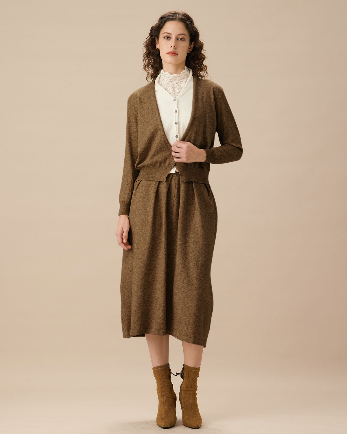 Brown V Neck Cardigan Skirt Set Cheap Sale Big Discount