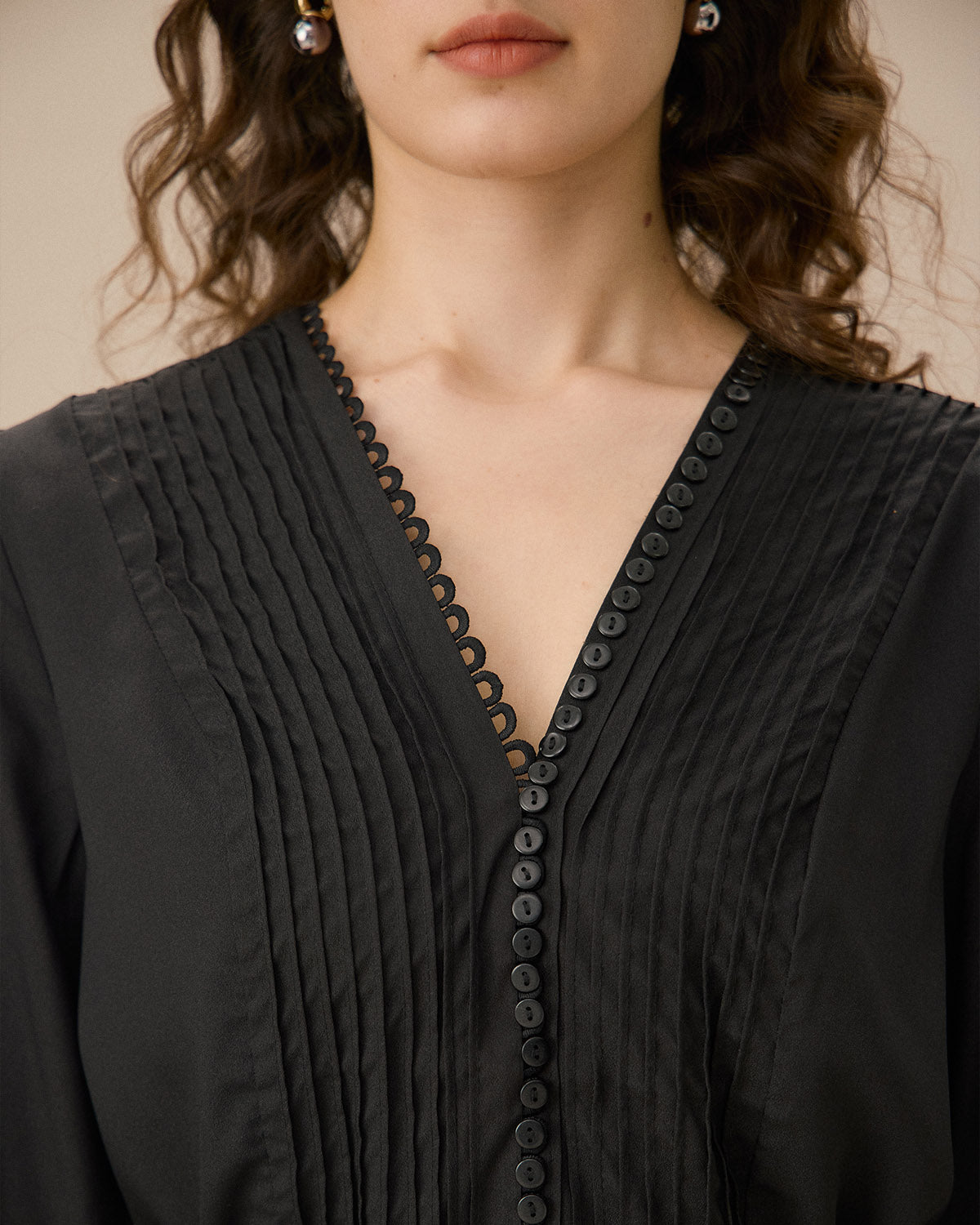 Black V-Neck Ruched Blouse Professional