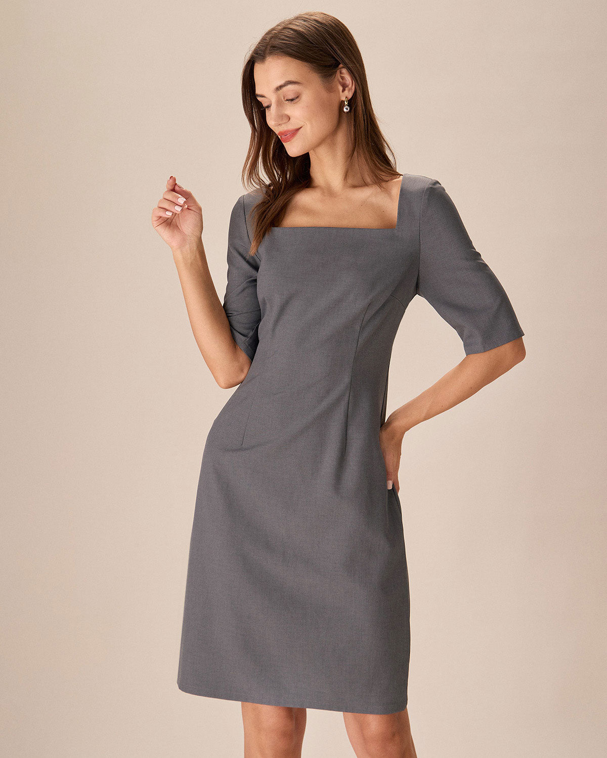 Grey Square Neck Slit Midi Dress Official Online