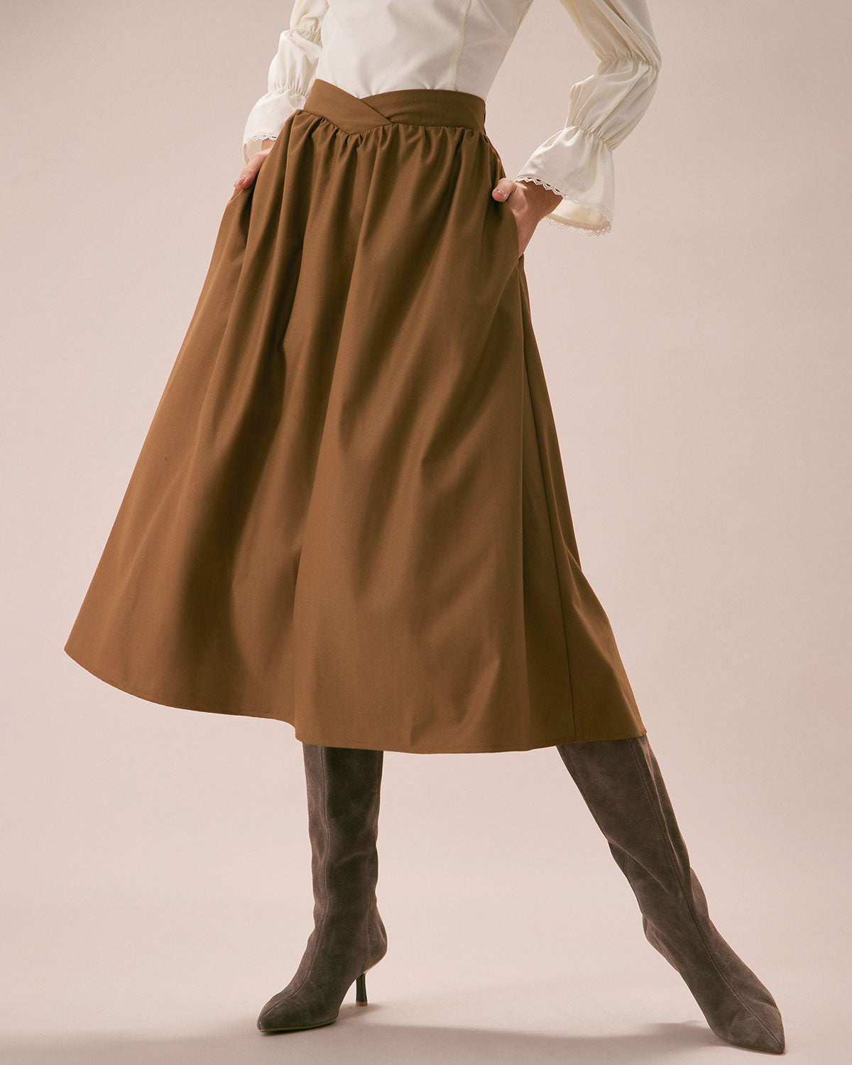 The Khaki High Waisted Pleated Midi Skirt Sale New Styles