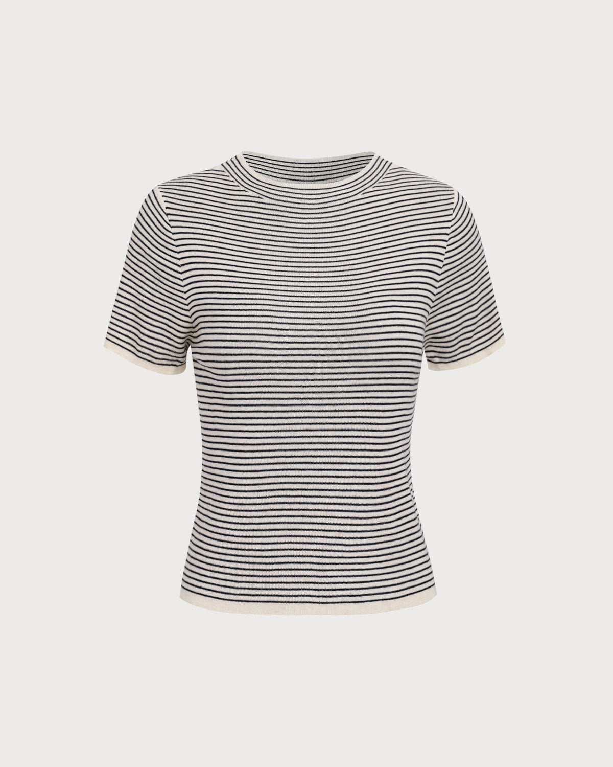 Women's Black Round Neck Striped Tee