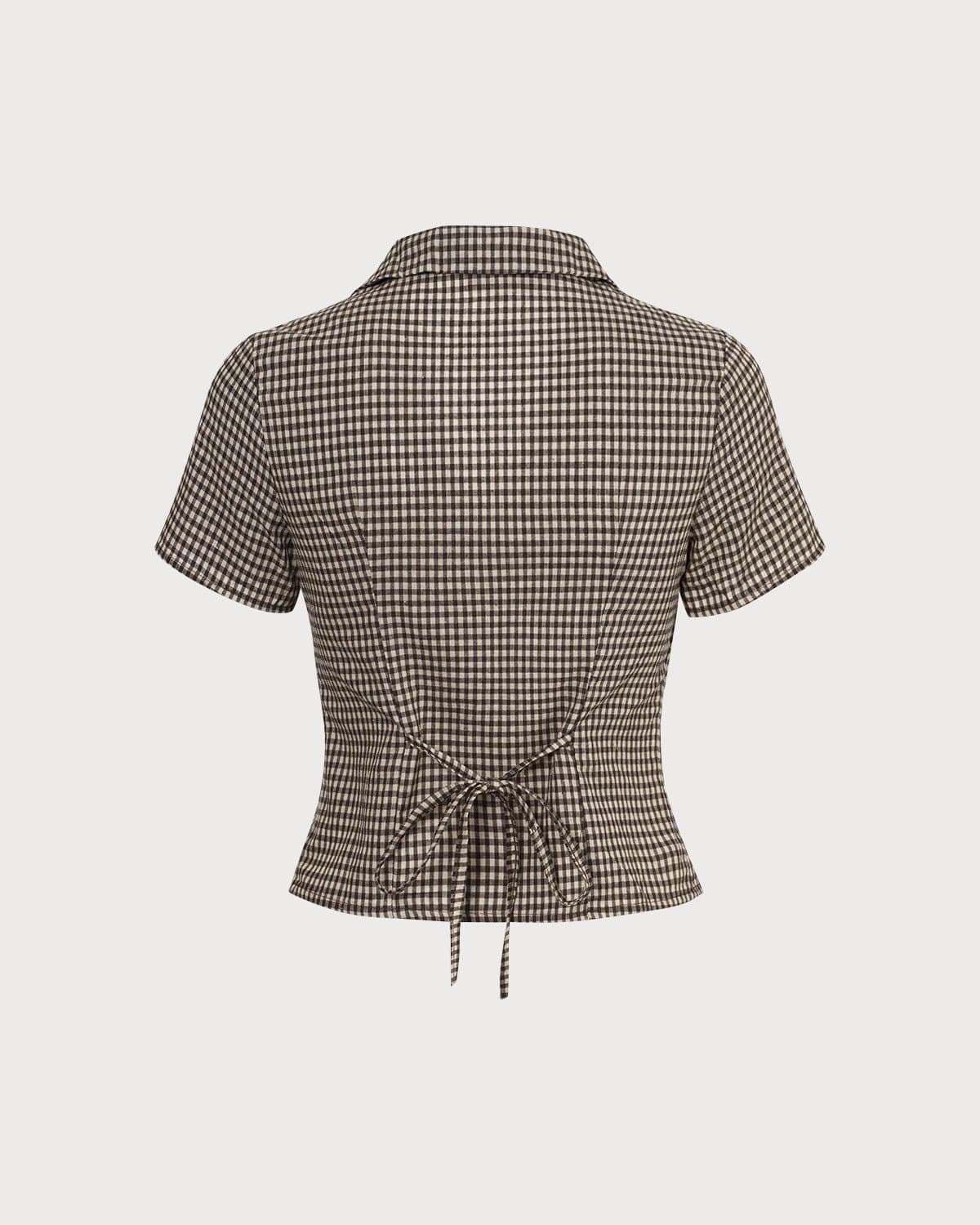 The Brown Lapel Plaid Short Sleeve Blouse Discount Free Shipping