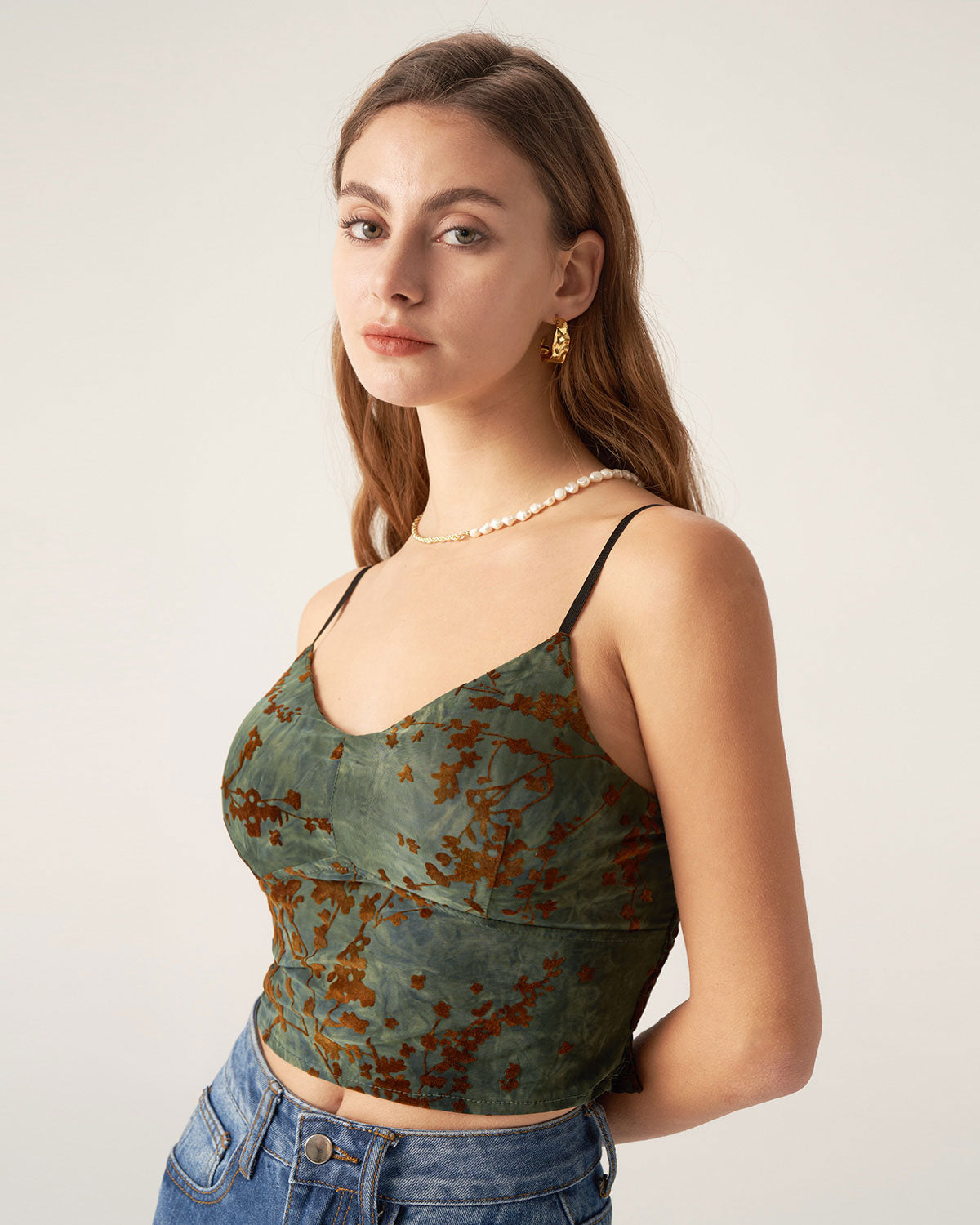 Green Floral V Neck Camis Shipping Outlet Store Online