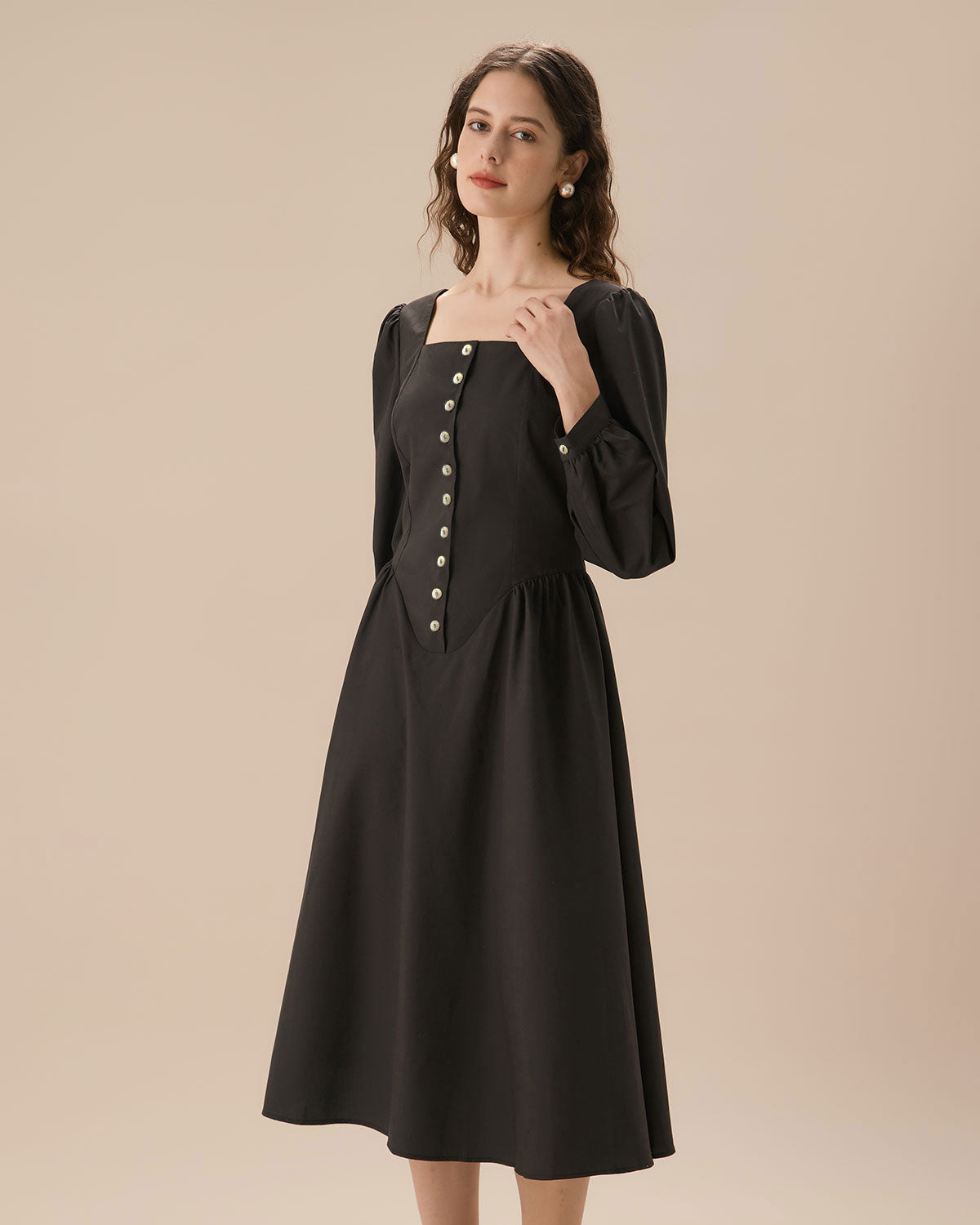 Black Square Neck Puffed Sleeve Midi Dress For Cheap Sale Online