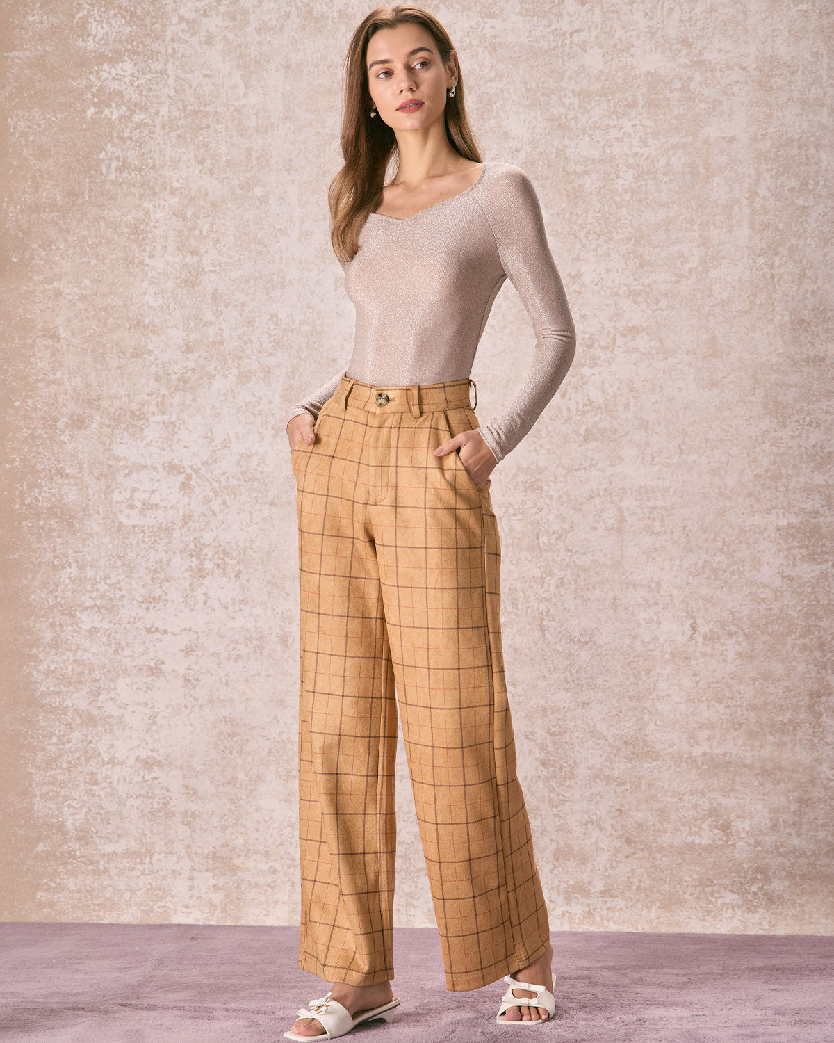 The Khaki High Waisted Plaid Wide Leg Pants Cheap Best Pices