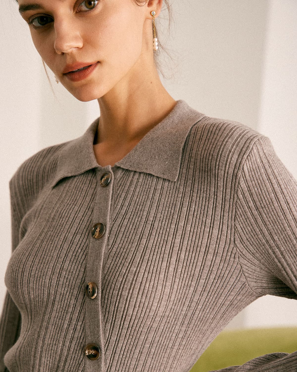 The Grey Shirt Collar Button Ribbed Knit Top Sale Best Seller