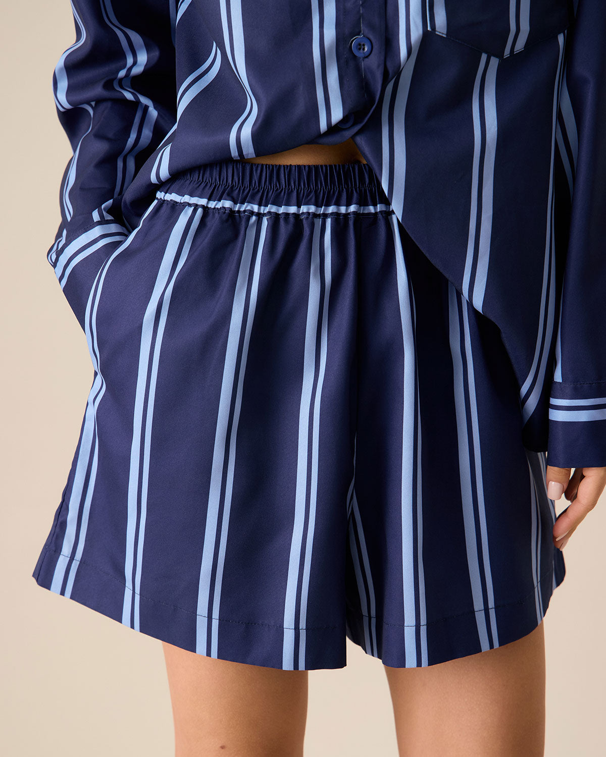 Women's Navy Striped Elastic Waist Shorts