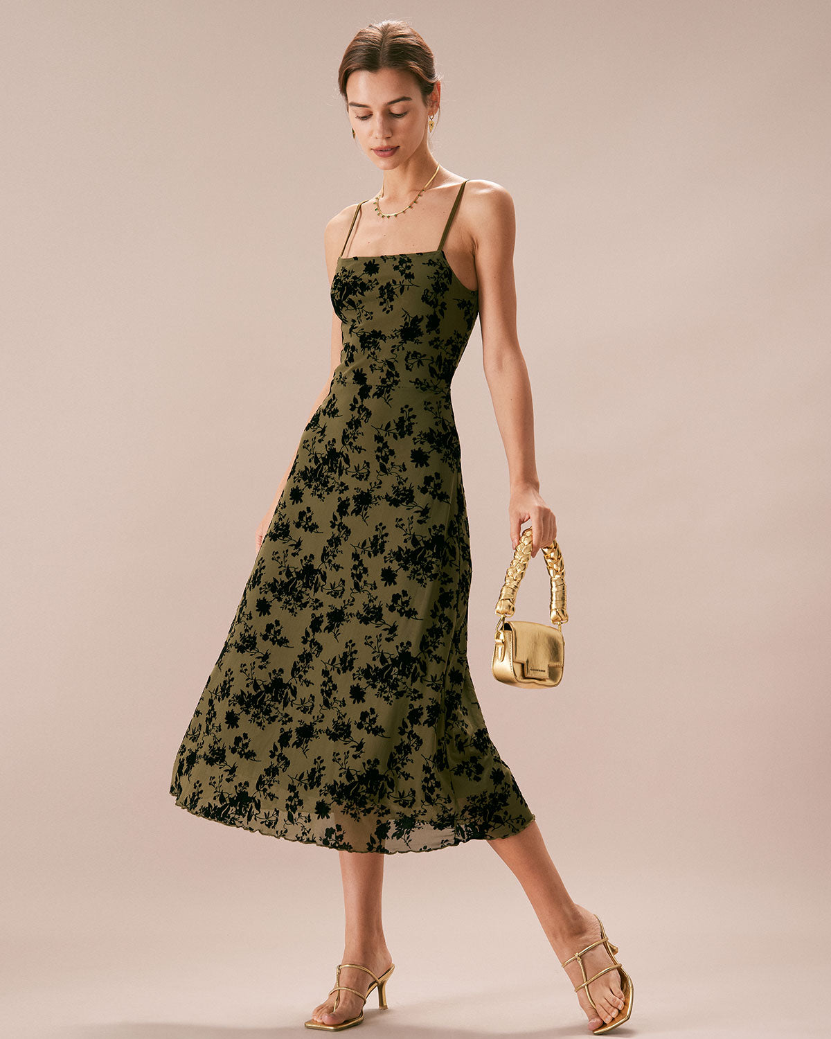 The Green Floral Burnout A-Line Slip Midi Dress Discounts Sale Online