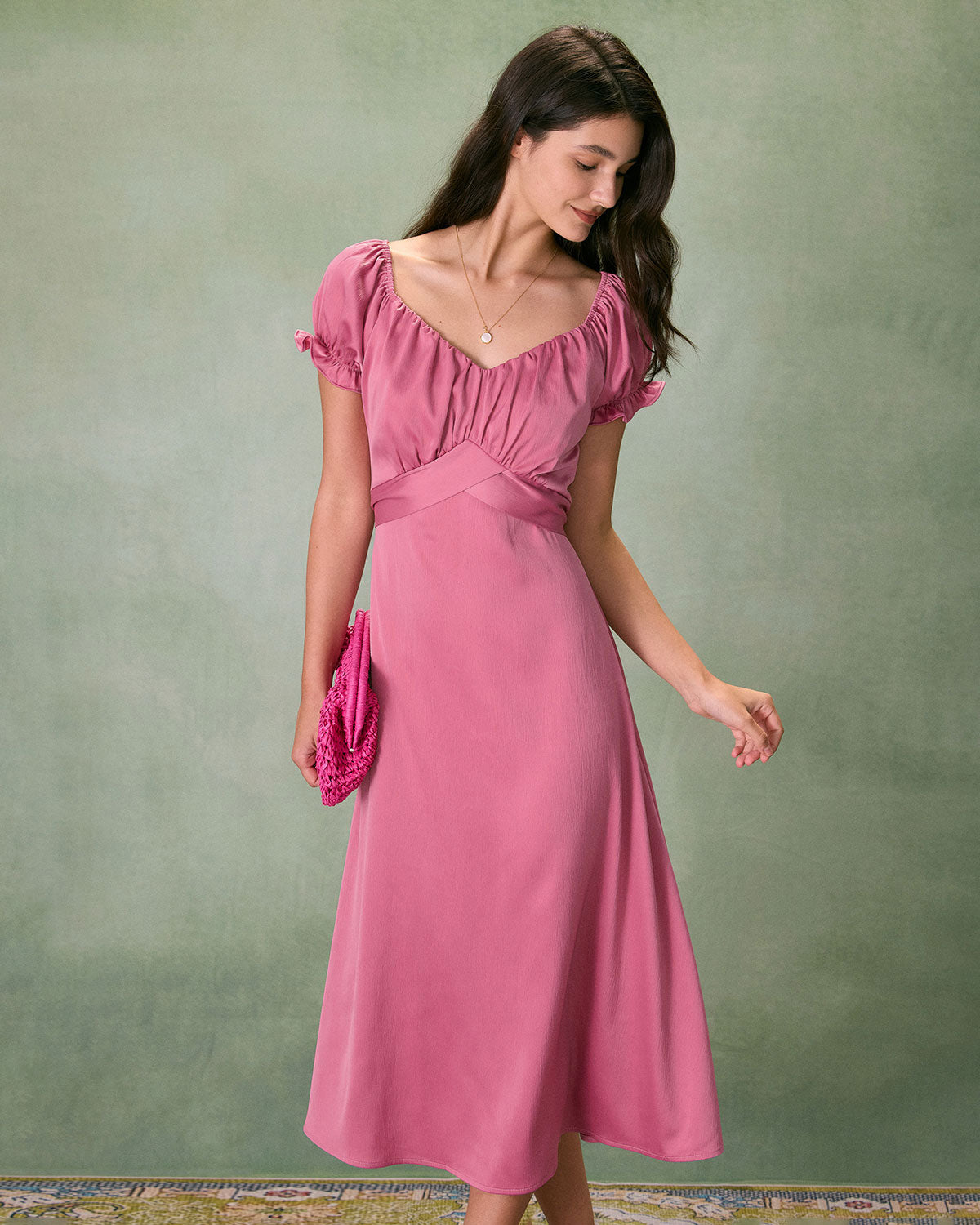 The Pink Sweetheart Neck Ruched Satin Midi Dress Free Shipping Reliable