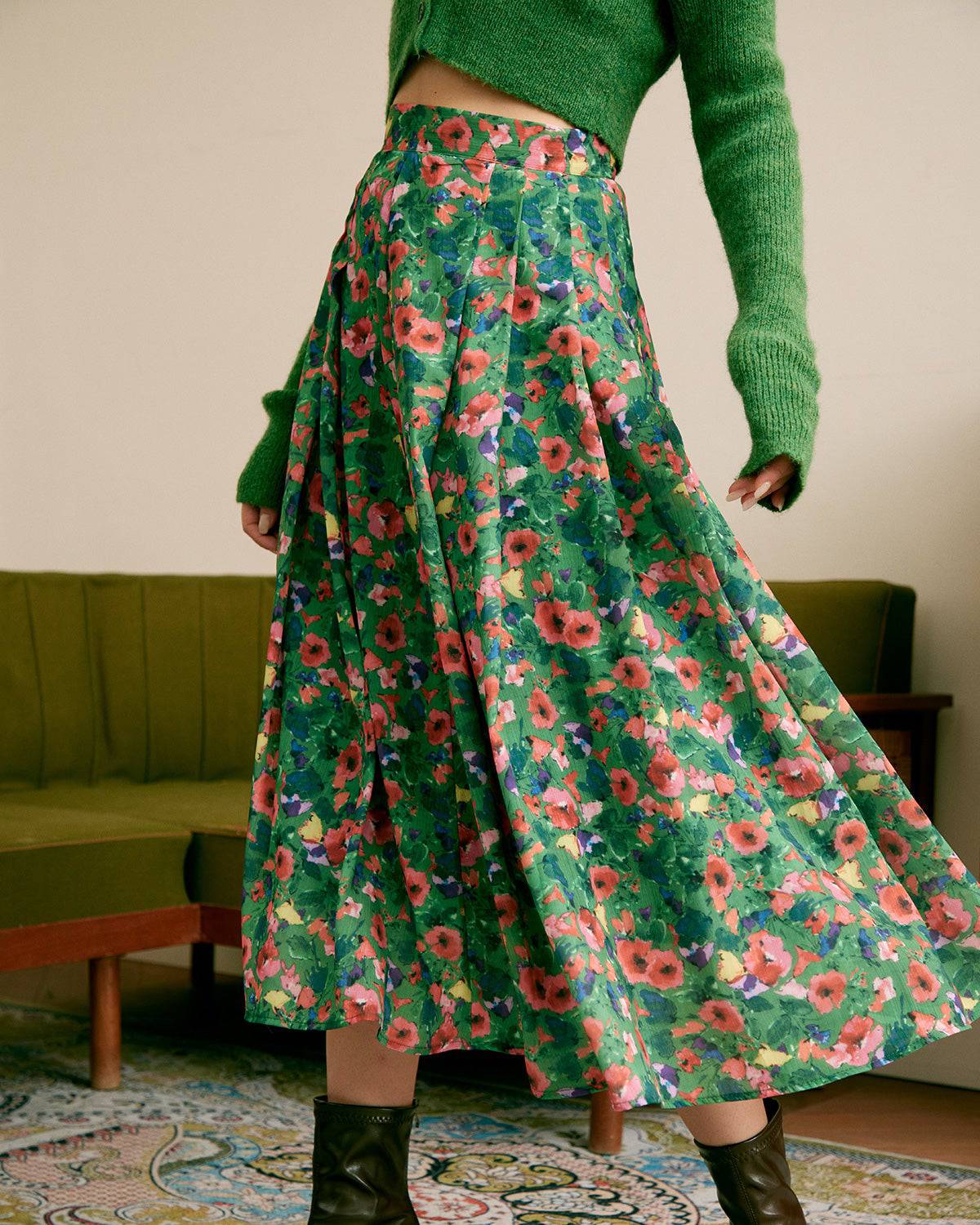 The Green Pleated Floral Skirt 2025 Cheap Online