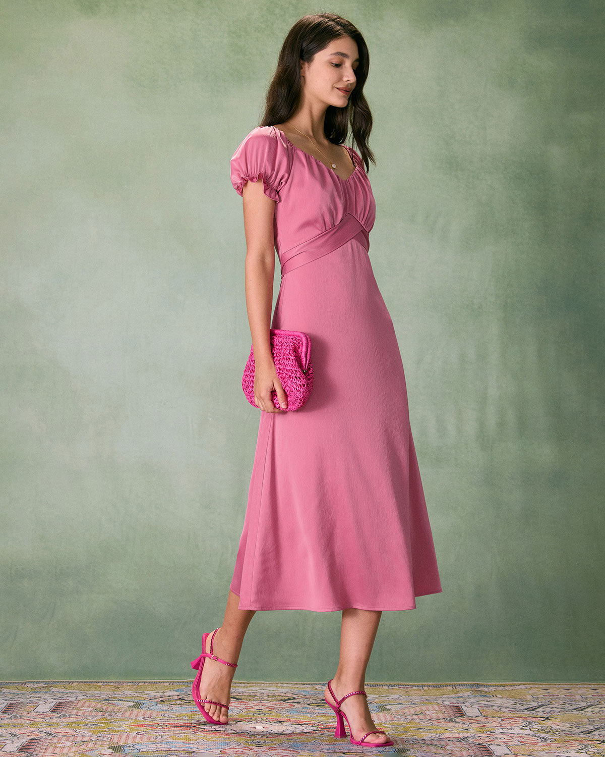 The Pink Sweetheart Neck Ruched Satin Midi Dress Free Shipping Reliable