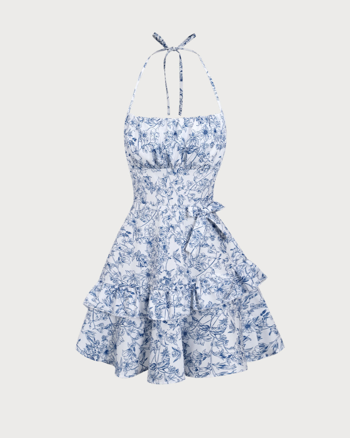 Blue Floral Tiered Halter Mini Dress Clearance Recommend