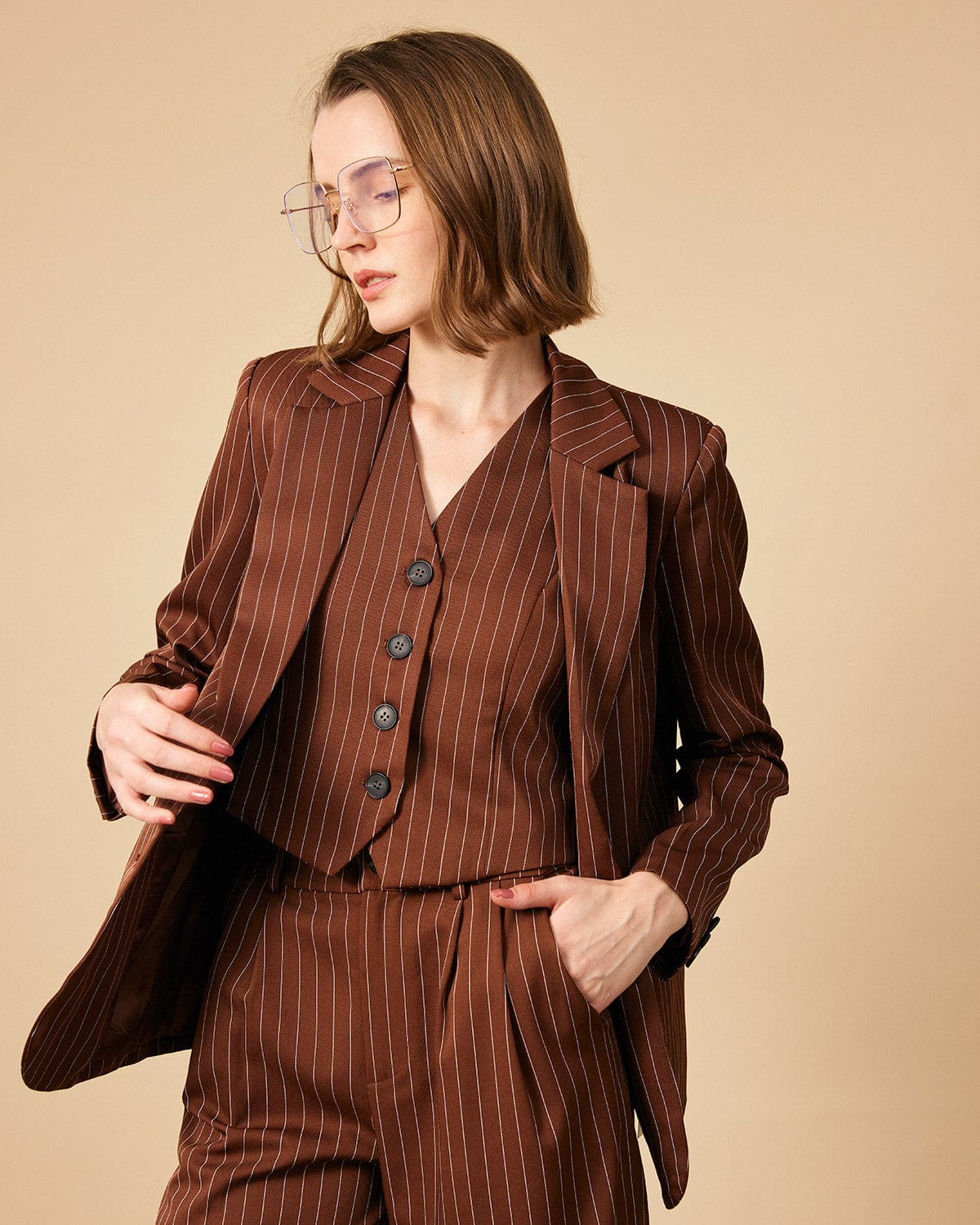 The Brown Striped One Button Collared Blazer Sale 100% Original