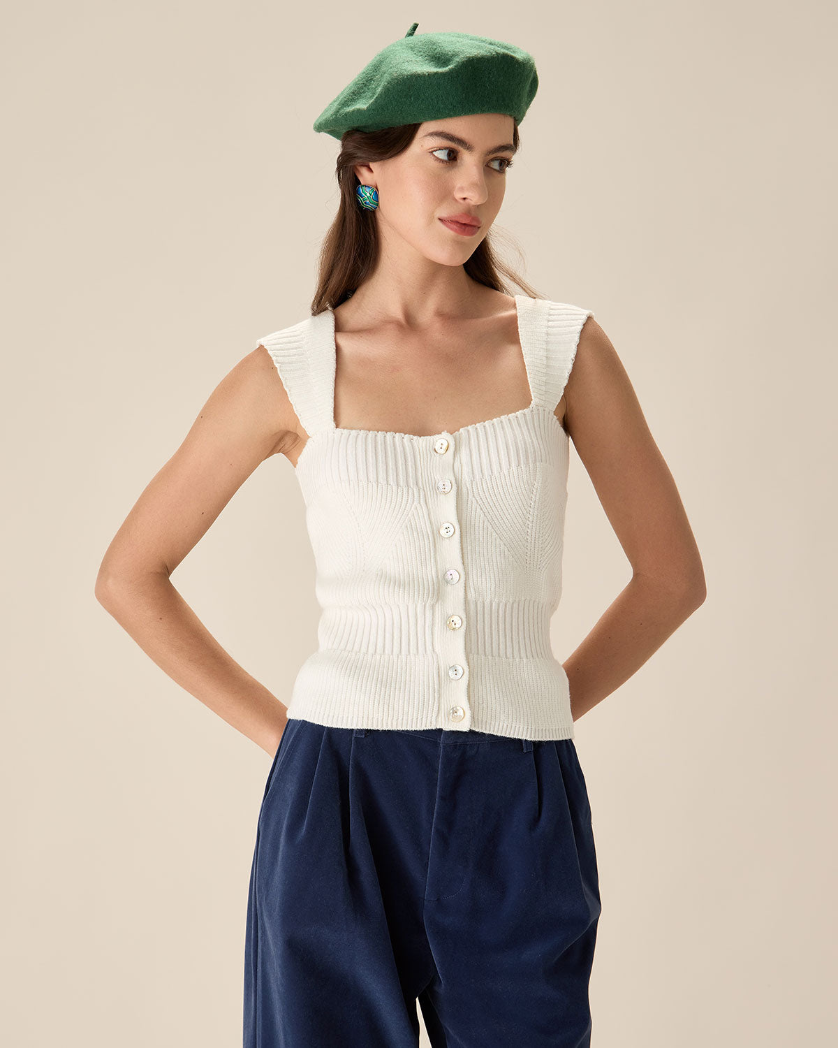 White Knit Button Tank Free Shipping Wholesale Pice