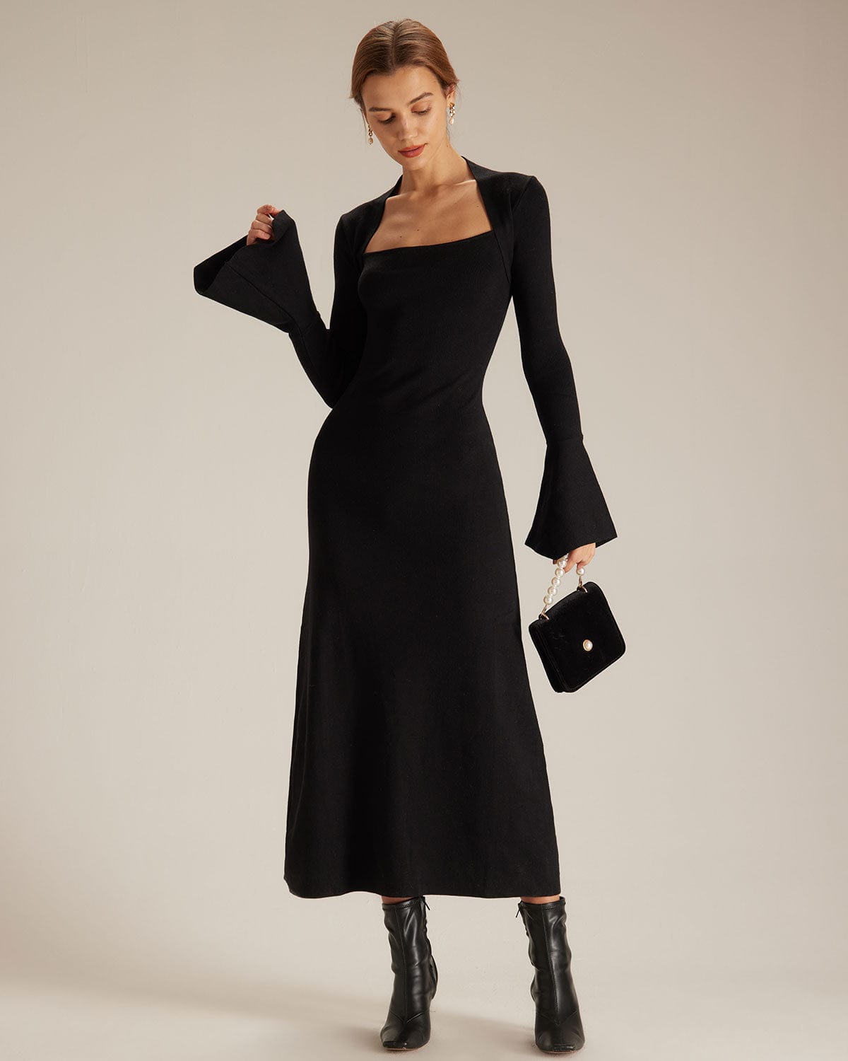 The Black Square Neck Flare Sleeve Midi Dress Visit Cheap Pice