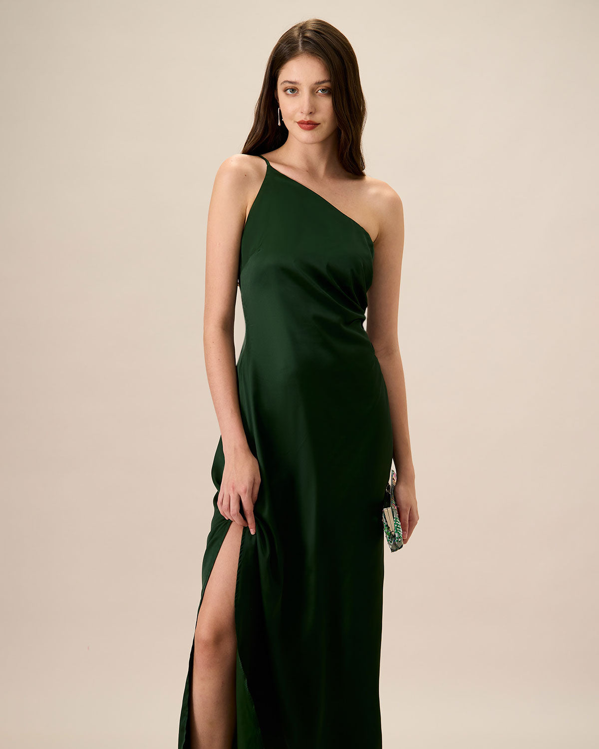 Women's Green One-shoulder Satin Maxi Dress