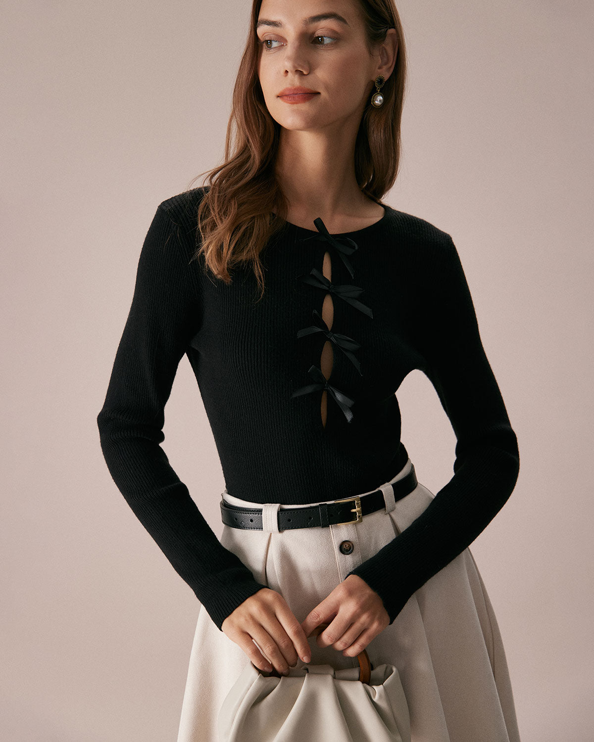 The Black Boat Neck Bowknot Front Knit Top Order