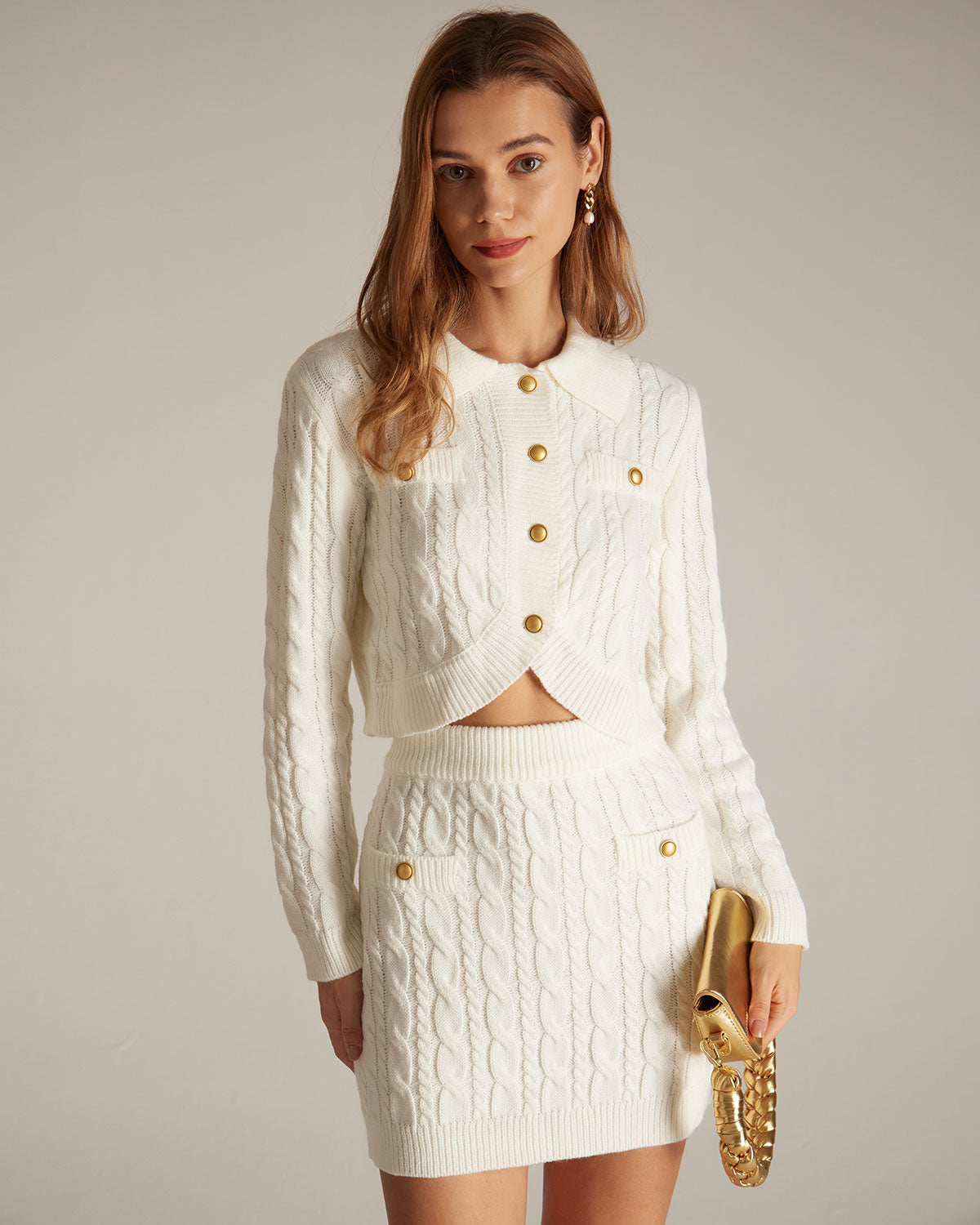 The White Lapel Ribbed Button Cable Cardigan Browse